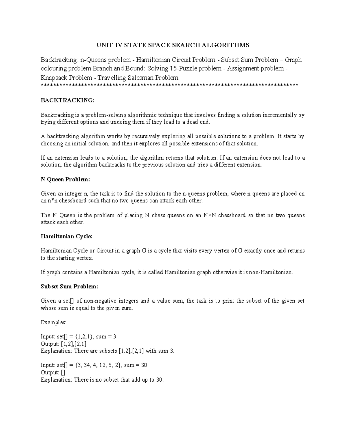 UNIT IV: State Space Search Algorithms in AI (Backtracking & Branching ...