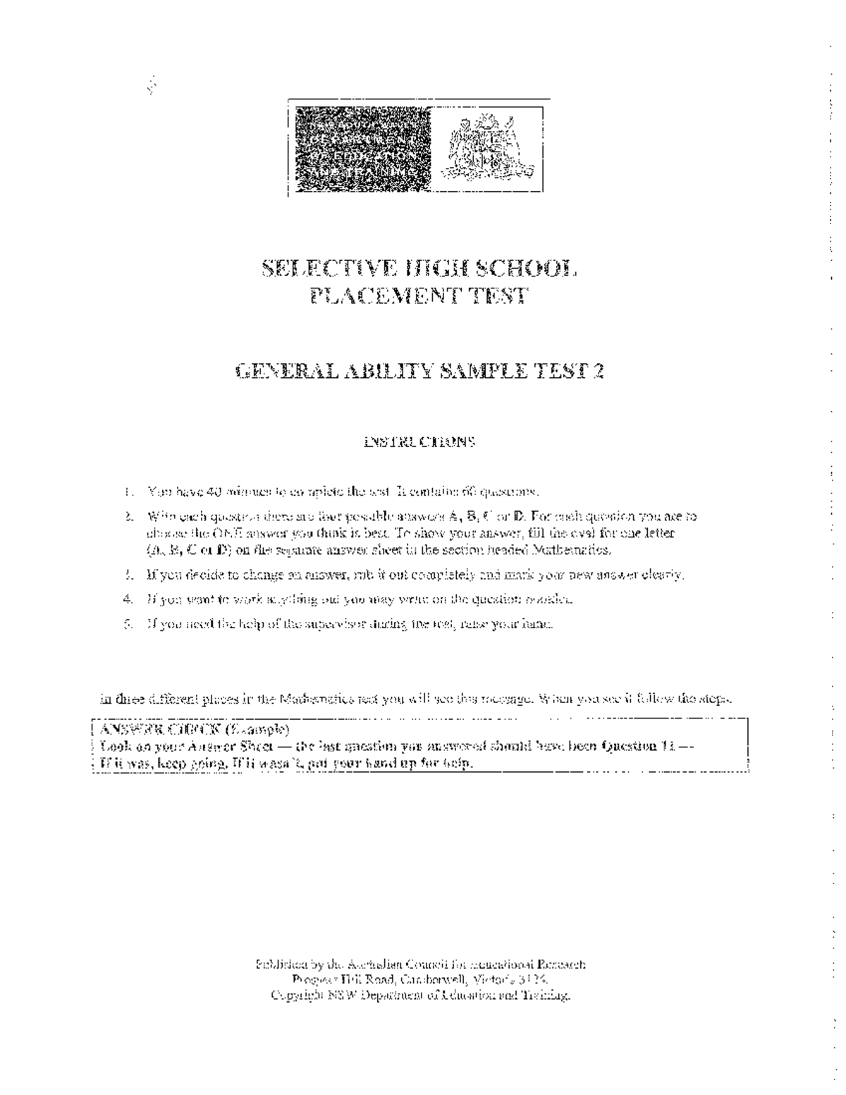 002 Selective School General Ability Placement Test Sample Questions ...