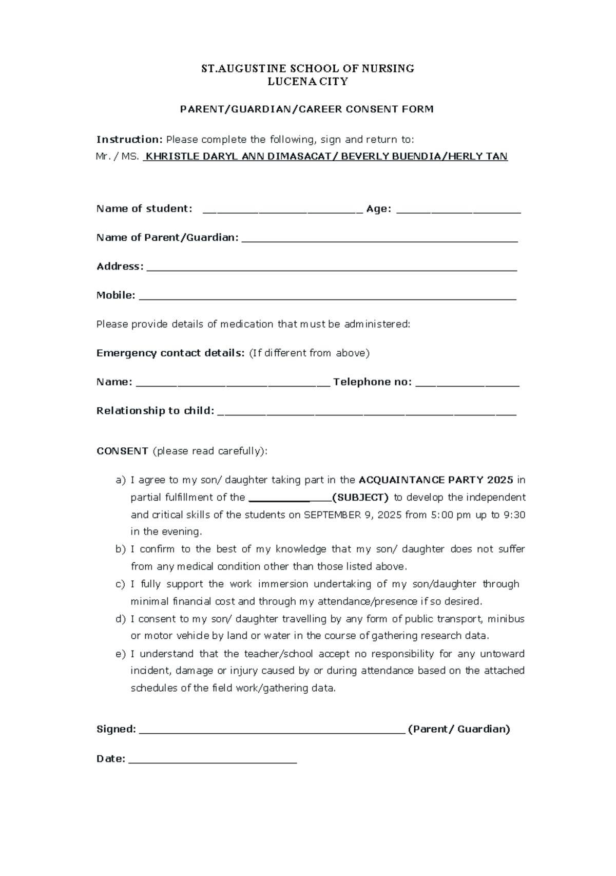 Acquaintance Party 2025 Consent Form - ST.AUGUSTINE NURSING - Studocu