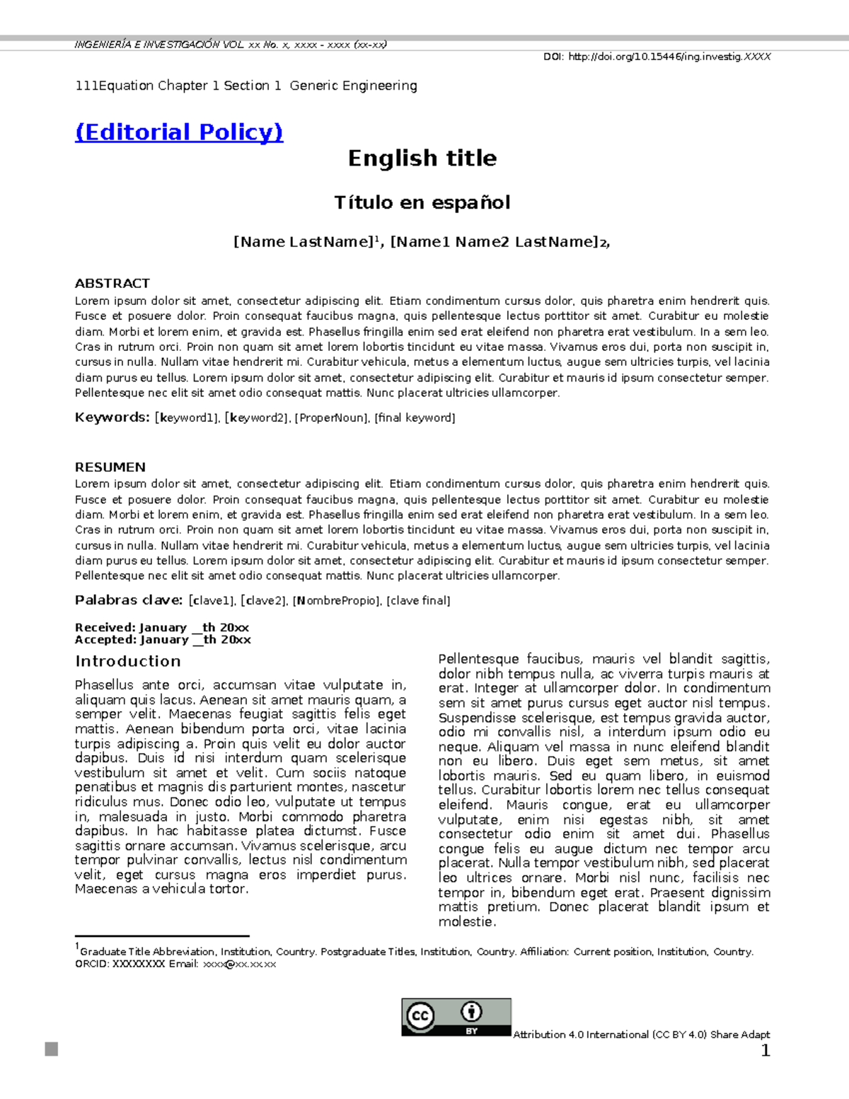 INGENIERÍA E INVESTIGACIÓN: Editorial Policy and Guidelines (VOL. xx No