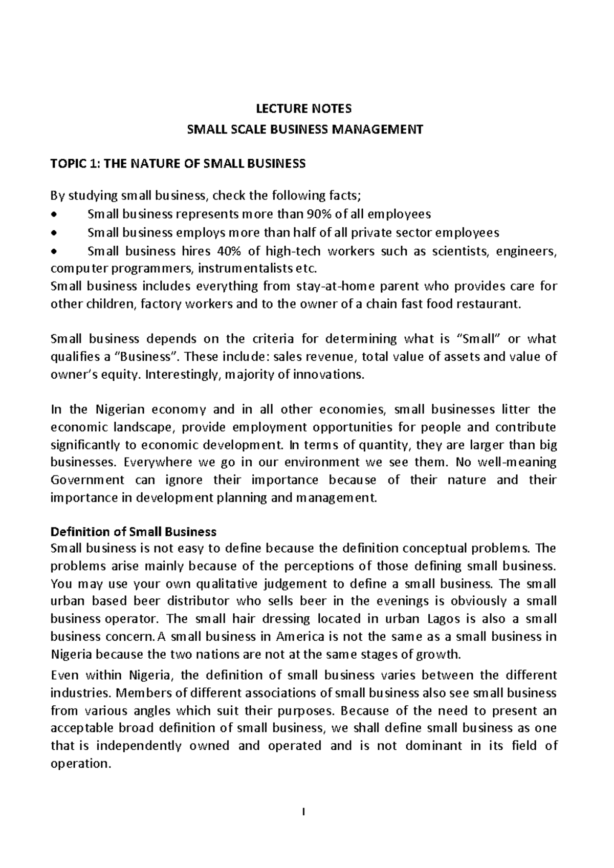 ENT 314 Lecture Notes: Understanding Small Business Management - Studocu