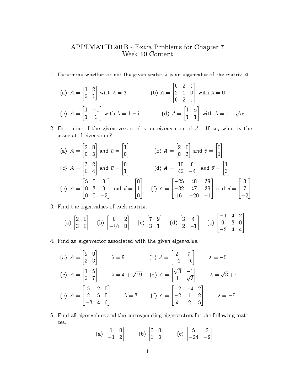 Eigenvalues and Eigenvectors Practice - APPLMATH1201B - Extra Problems ...