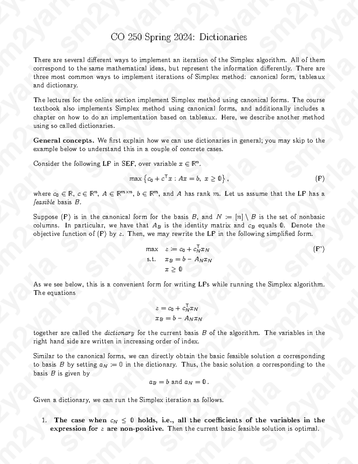 CO 250 Spring 2024: Implementing Simplex with Dictionaries - Studocu