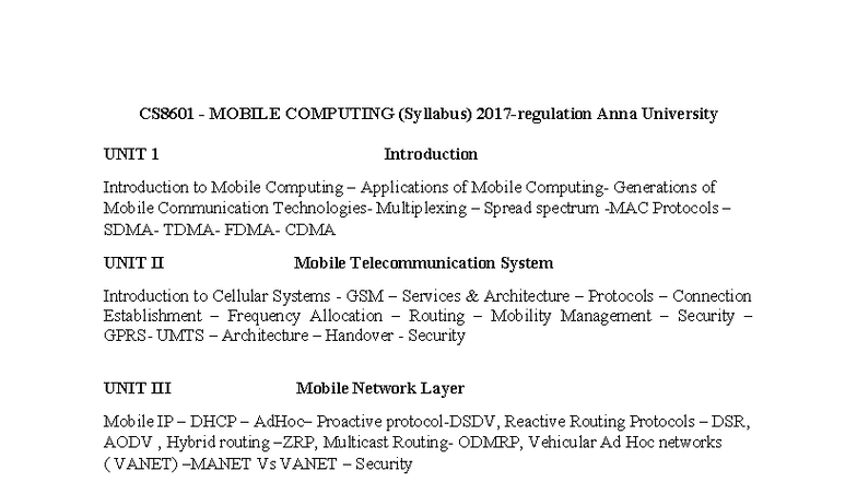 CS8601 Mobile Computing Syllabus Overview and Unit Breakdown - Studocu