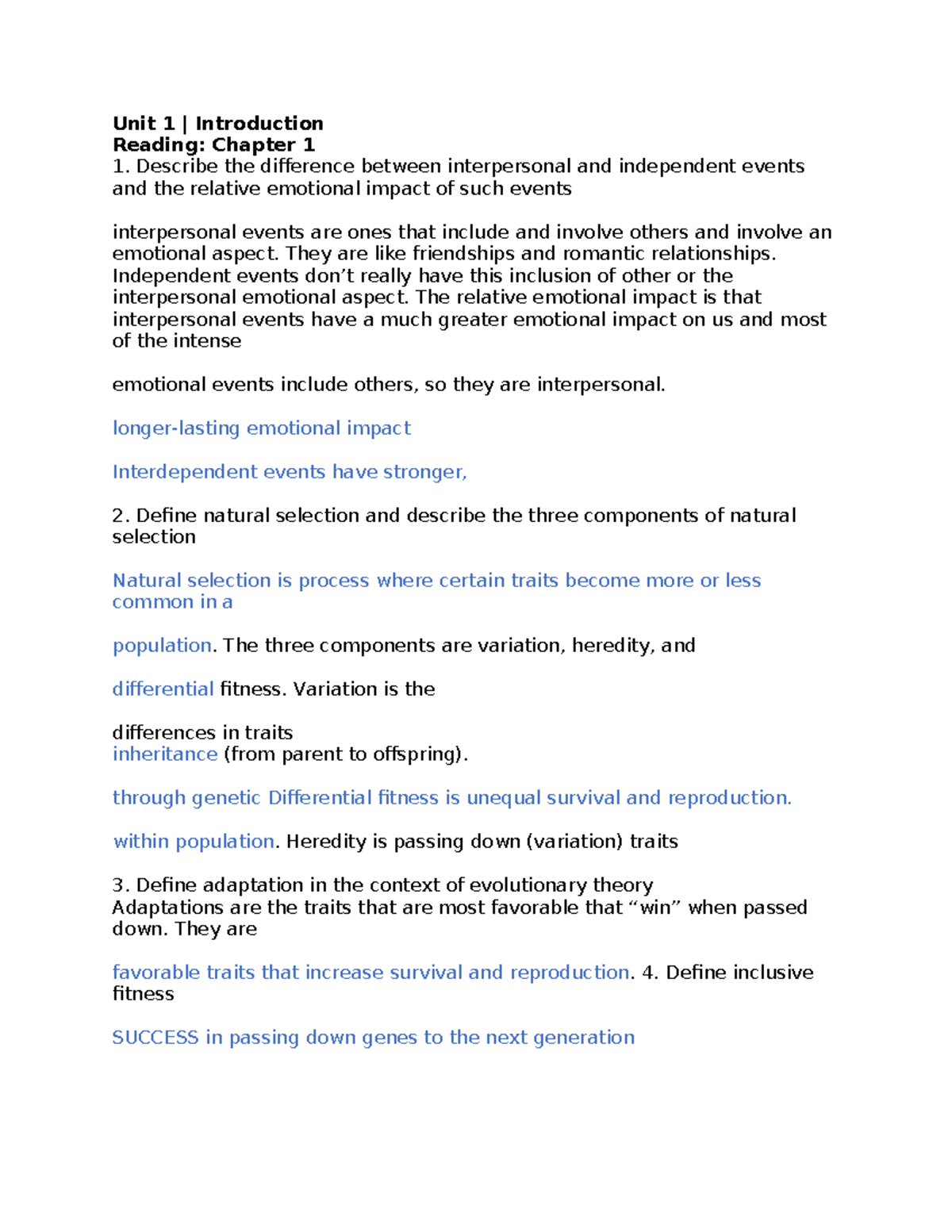 Psyc 474 Unit 1 Study Guide: Interpersonal Events & Natural Selection ...