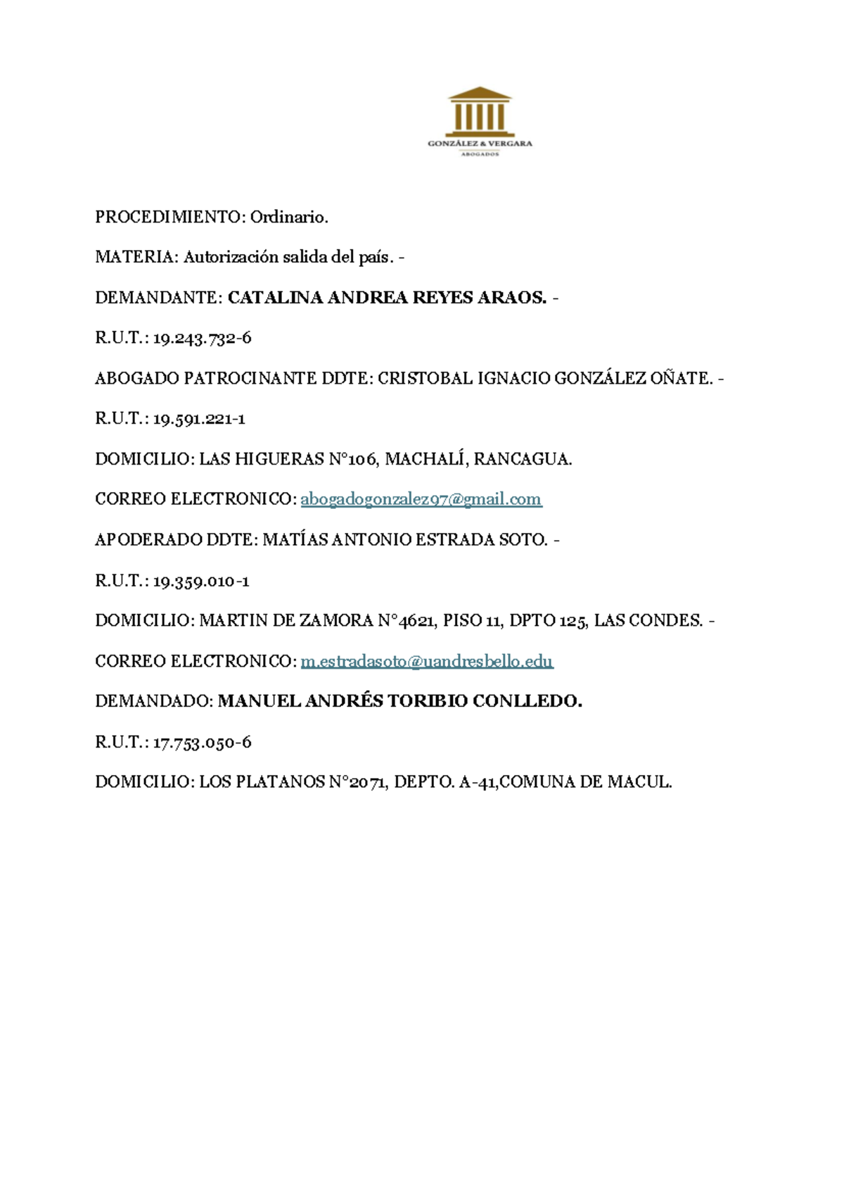 Demanda de Autorización Judicial para Salida del País - C. 19.591-1 - Document Preview