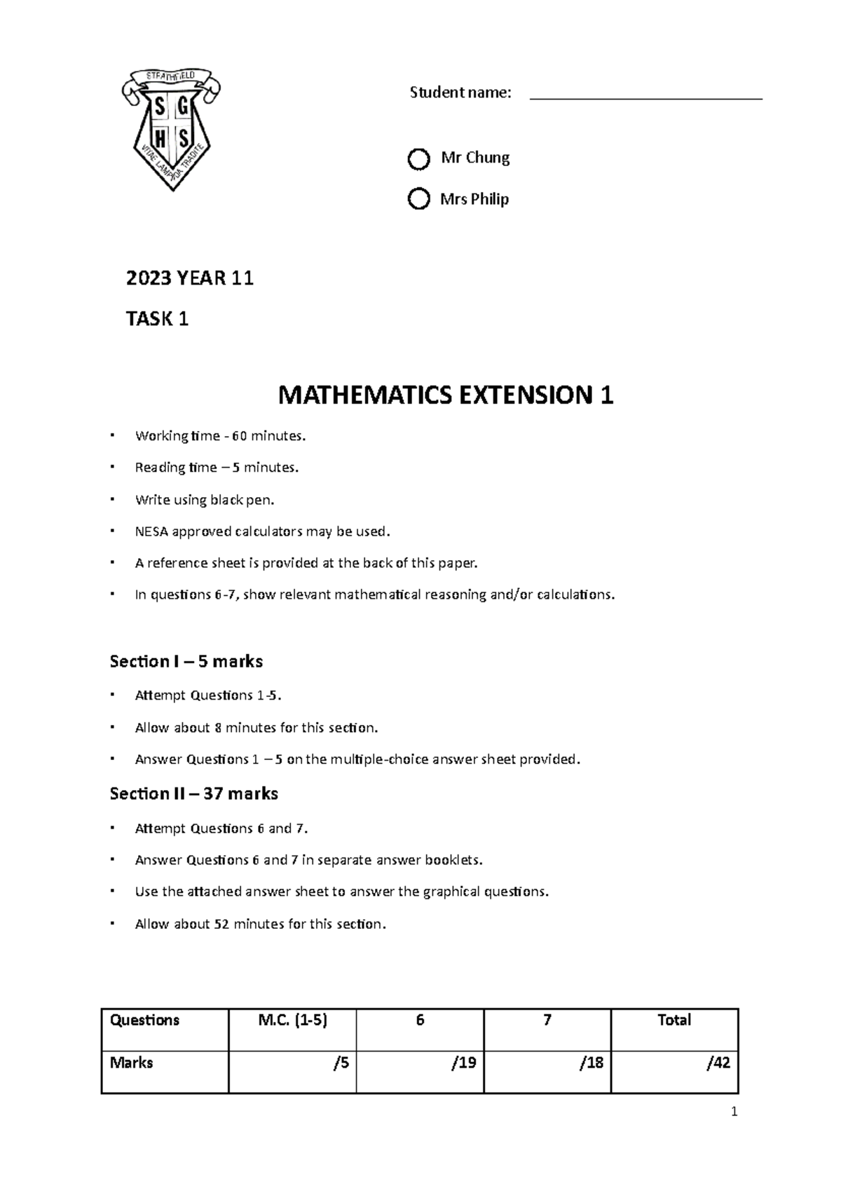 2023 Y11 Mathematics EXT1 Task 1 Solutions & Marking Guide - Studocu