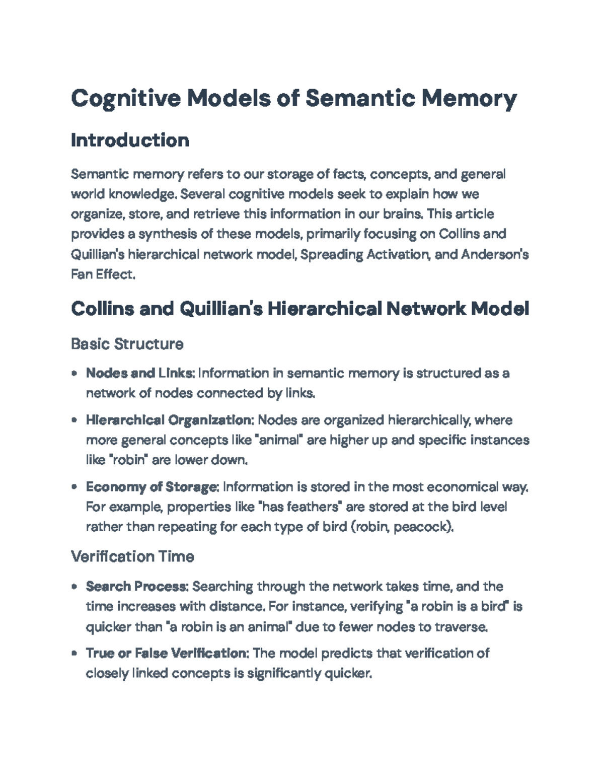 Cognitive Models of Semantic Memory: Insights on Structure and Function ...