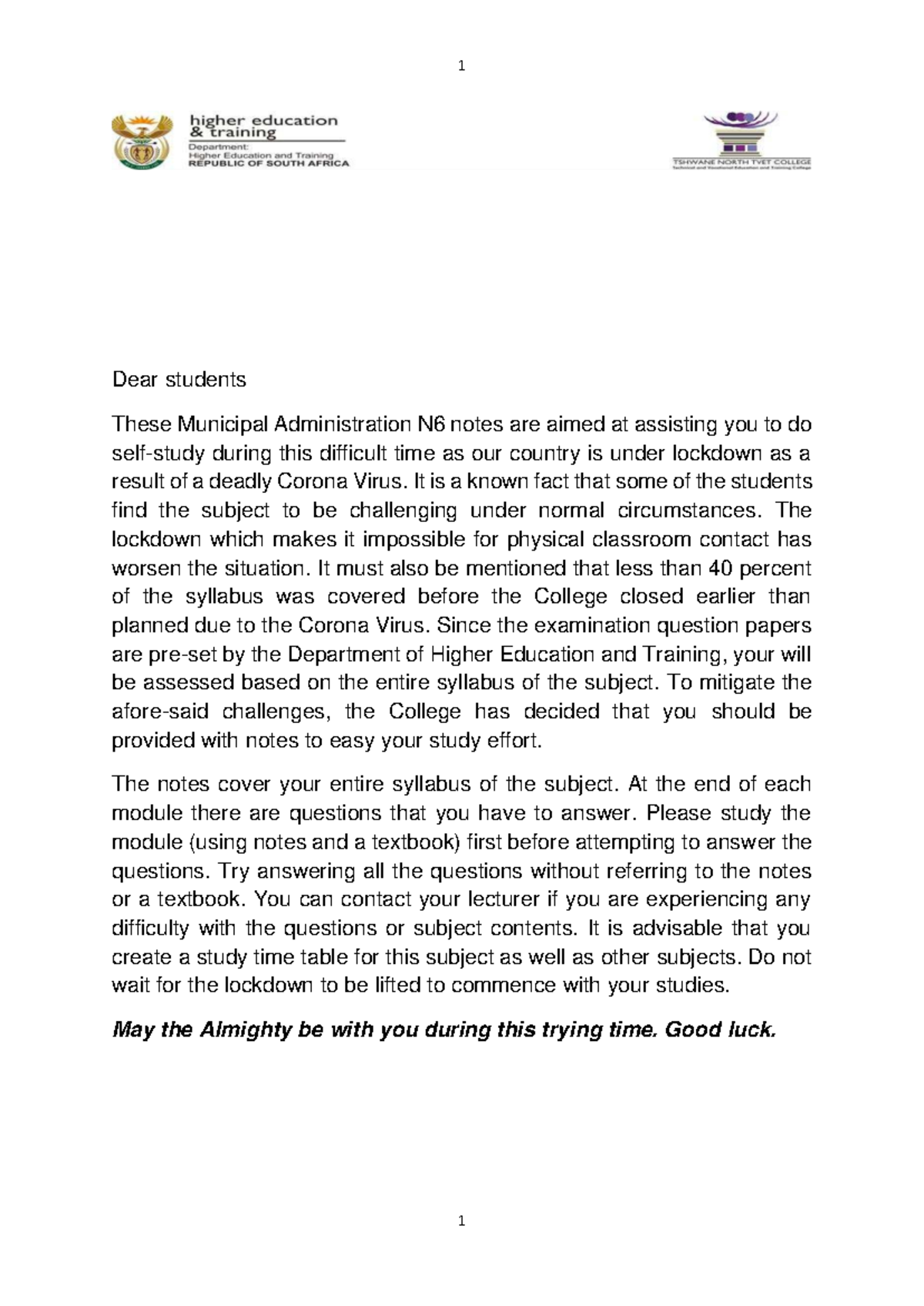 Municipal Administration N6 Study Notes: Financial Aspects & IDP - Studocu