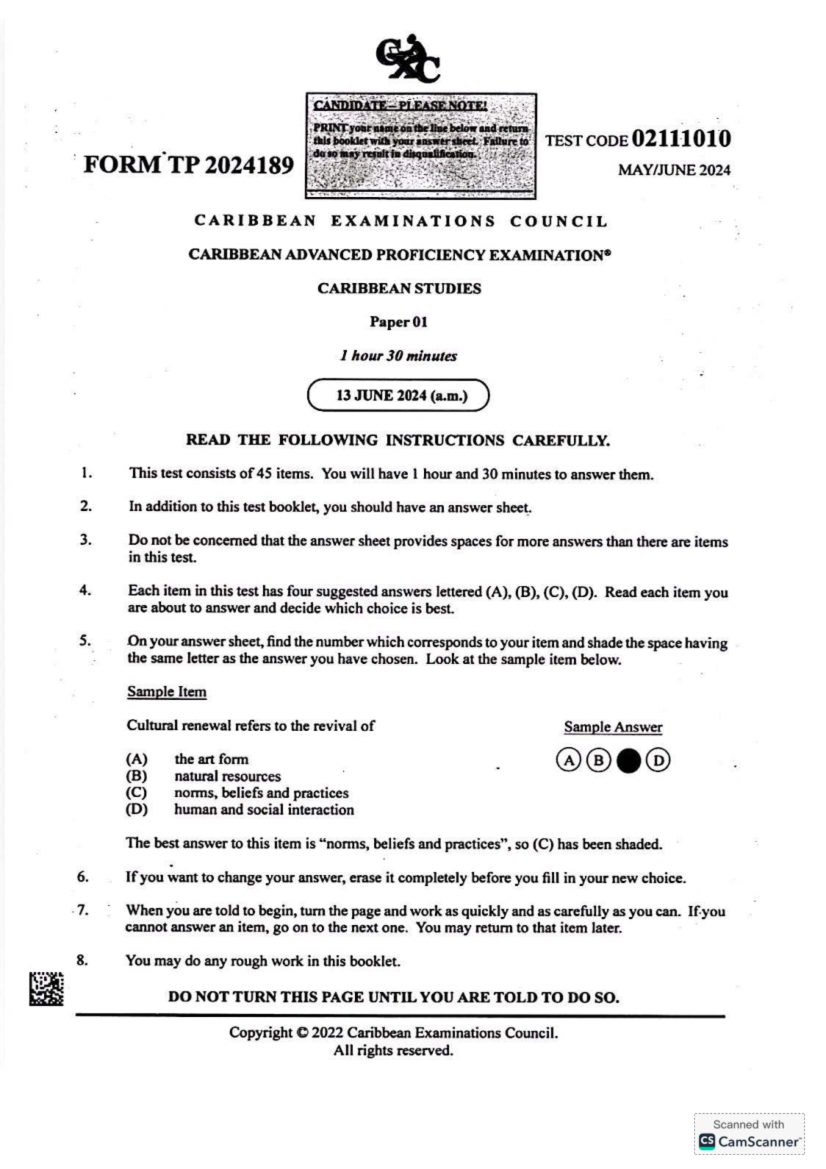 2024 - CS - P1 - Caribbean Studies Paper 01 Instructions and Test Items ...