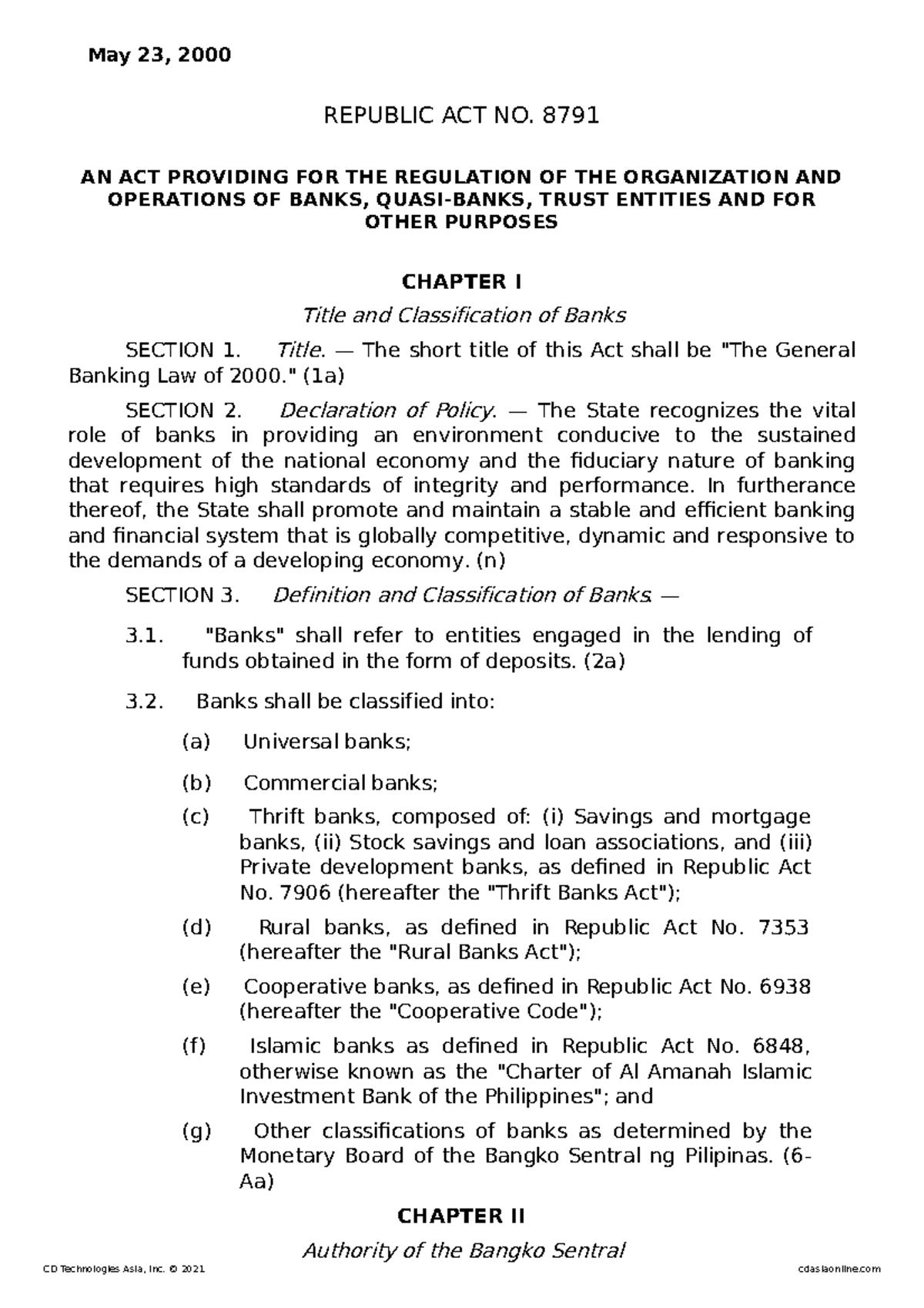 RA 8791 The General Banking Law - May 23, 2000 REPUBLIC ACT NO. 8791 AN ...