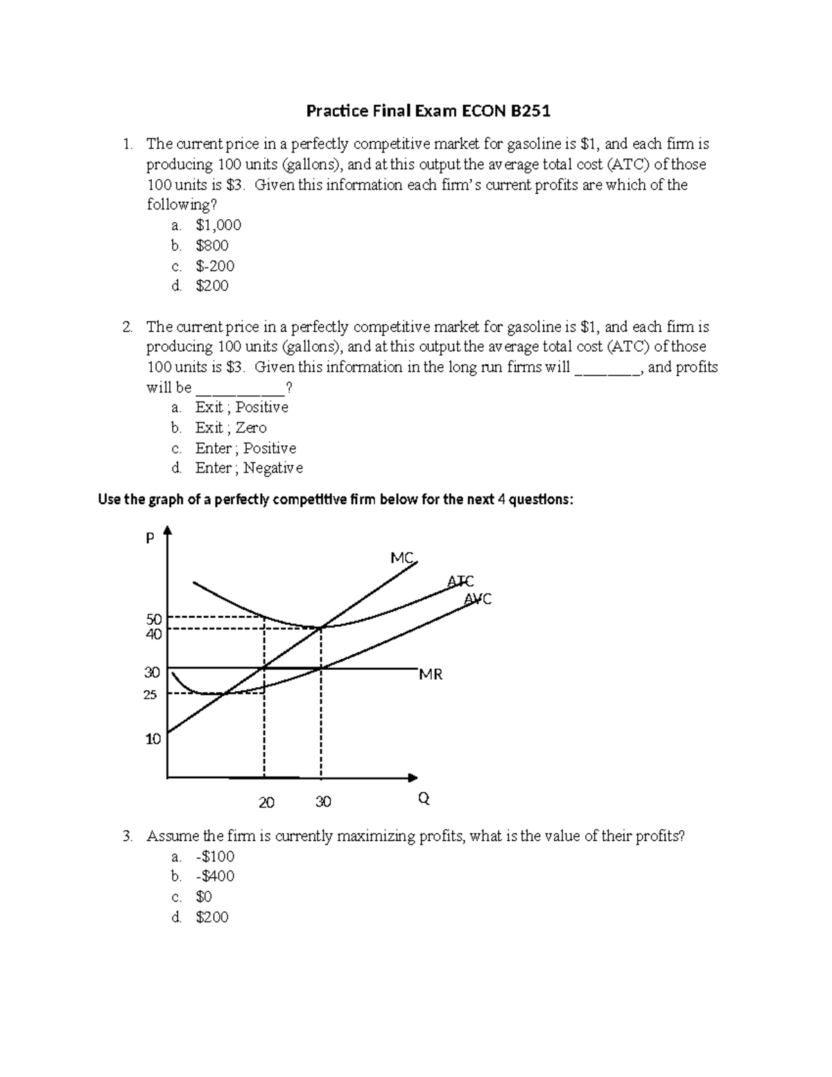 Practice Final Exam ECON B251: Perfect Competition & Monopoly Analysis ...