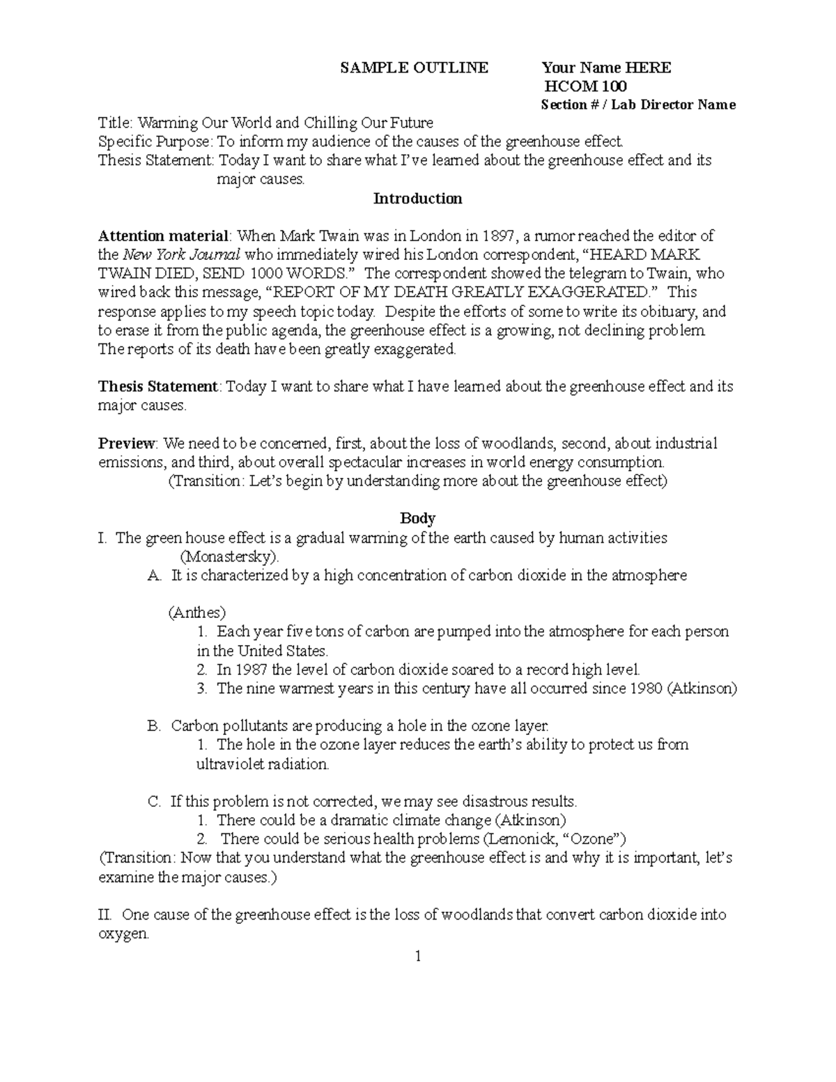 HCOM 100: Persuasive Speech Outline on Greenhouse Effect Causes - Studocu
