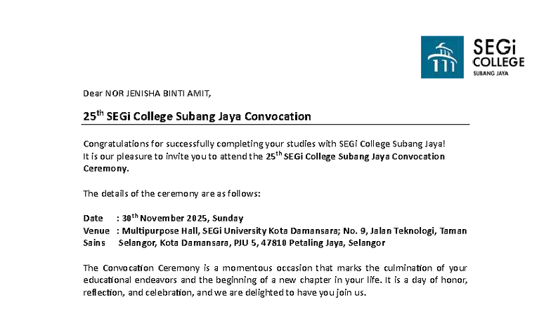 25th SEGi College Subang Jaya Convocation Invitation 2025 - Studocu