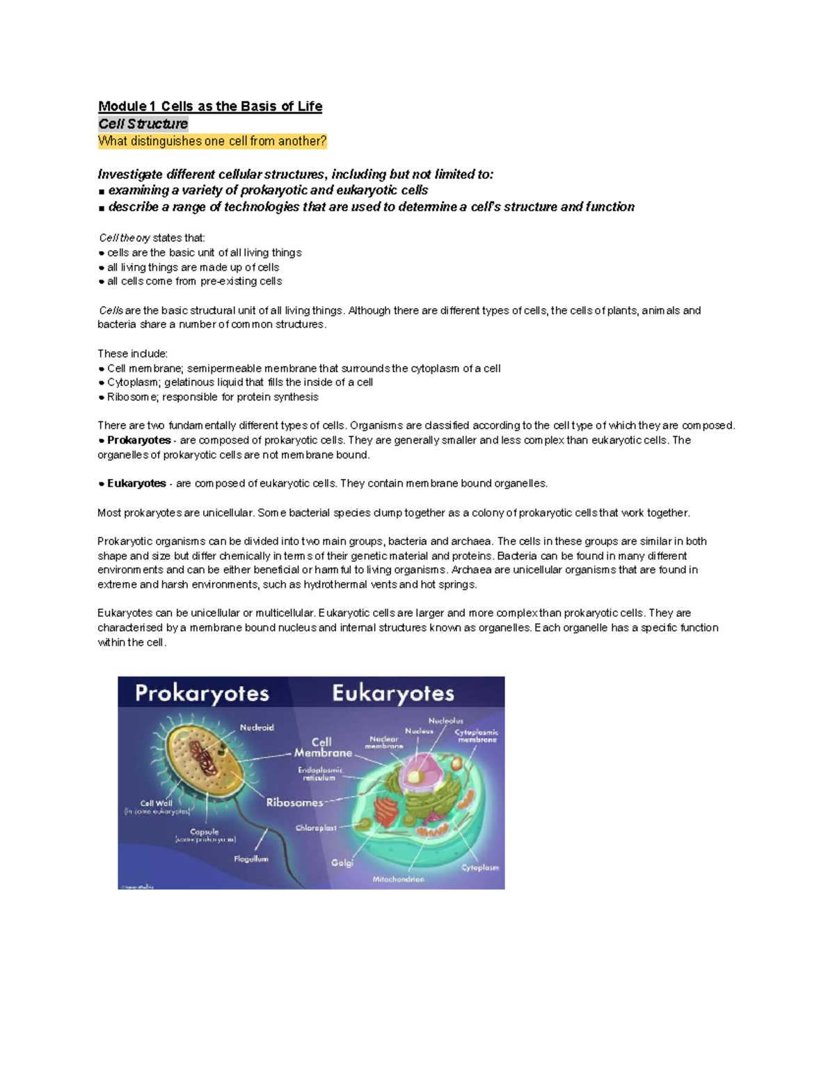 Module 1: Cells and Their Structures - A Study Guide for Biology - Studocu