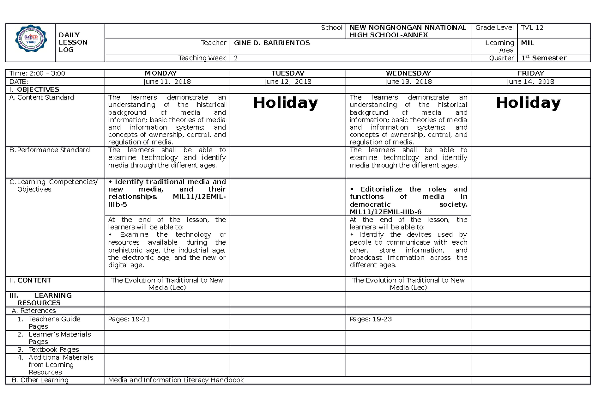 Week 2 MIL - Lesson Plan for Media & Information Literacy (Grading 1st ...