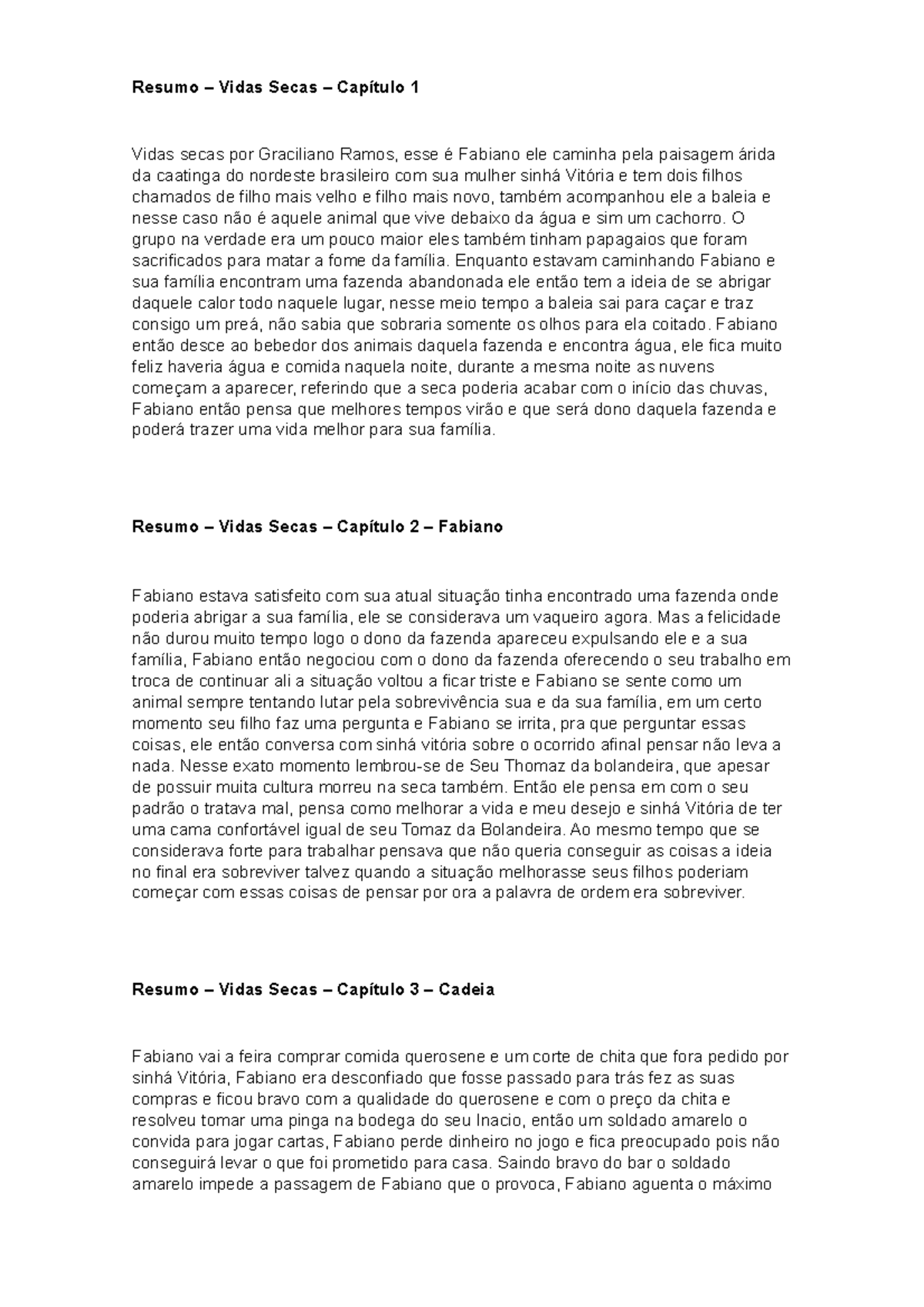 Resumo dos Capítulos de Vidas Secas - Graciliano Ramos - Studocu