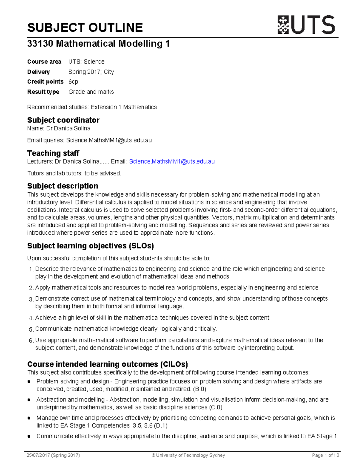 33130 UTS Spring 2017 Mathematical Modelling 1 Subject Outline - Studocu