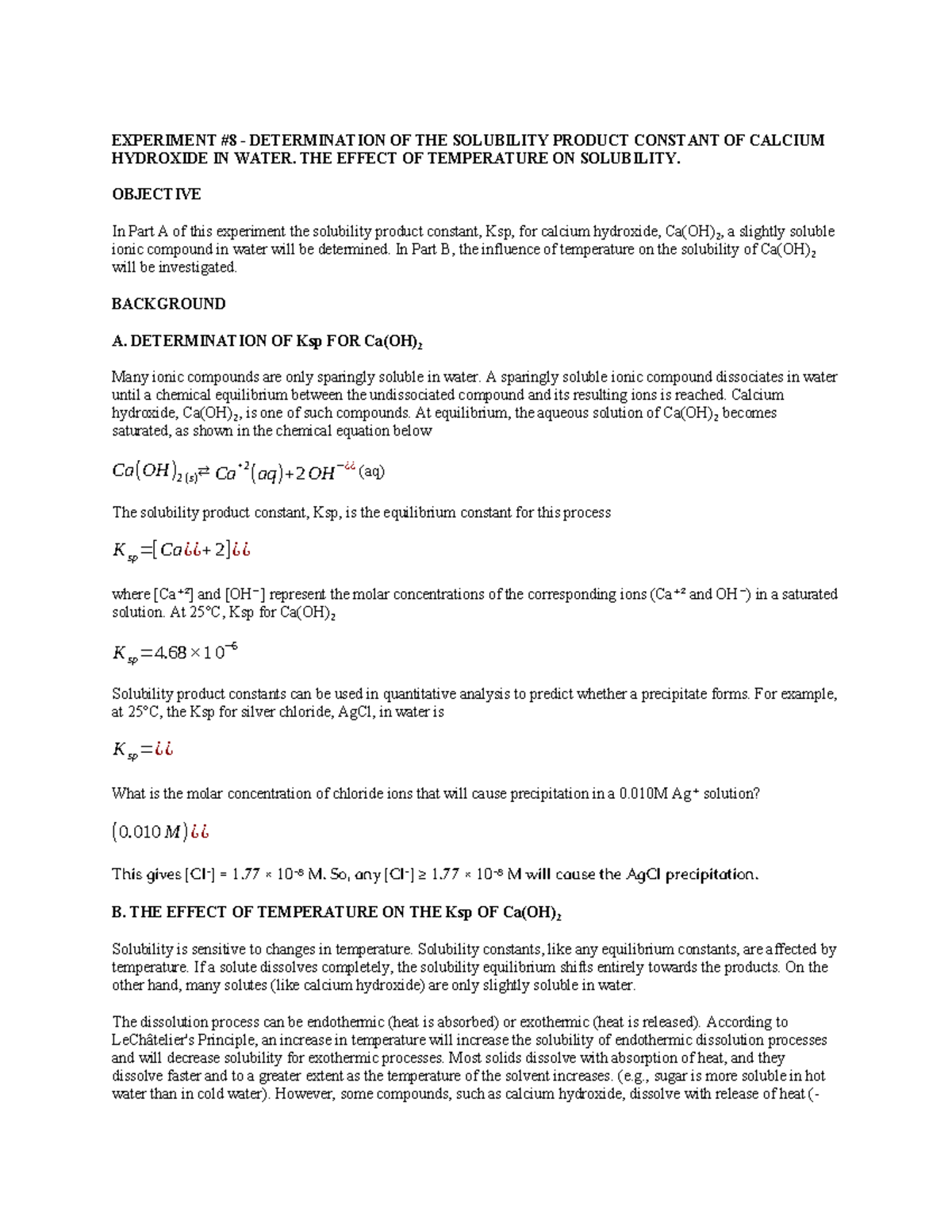 Experiment #8: Determination of Ksp for Ca(OH)₂ & Temperature Effects ...