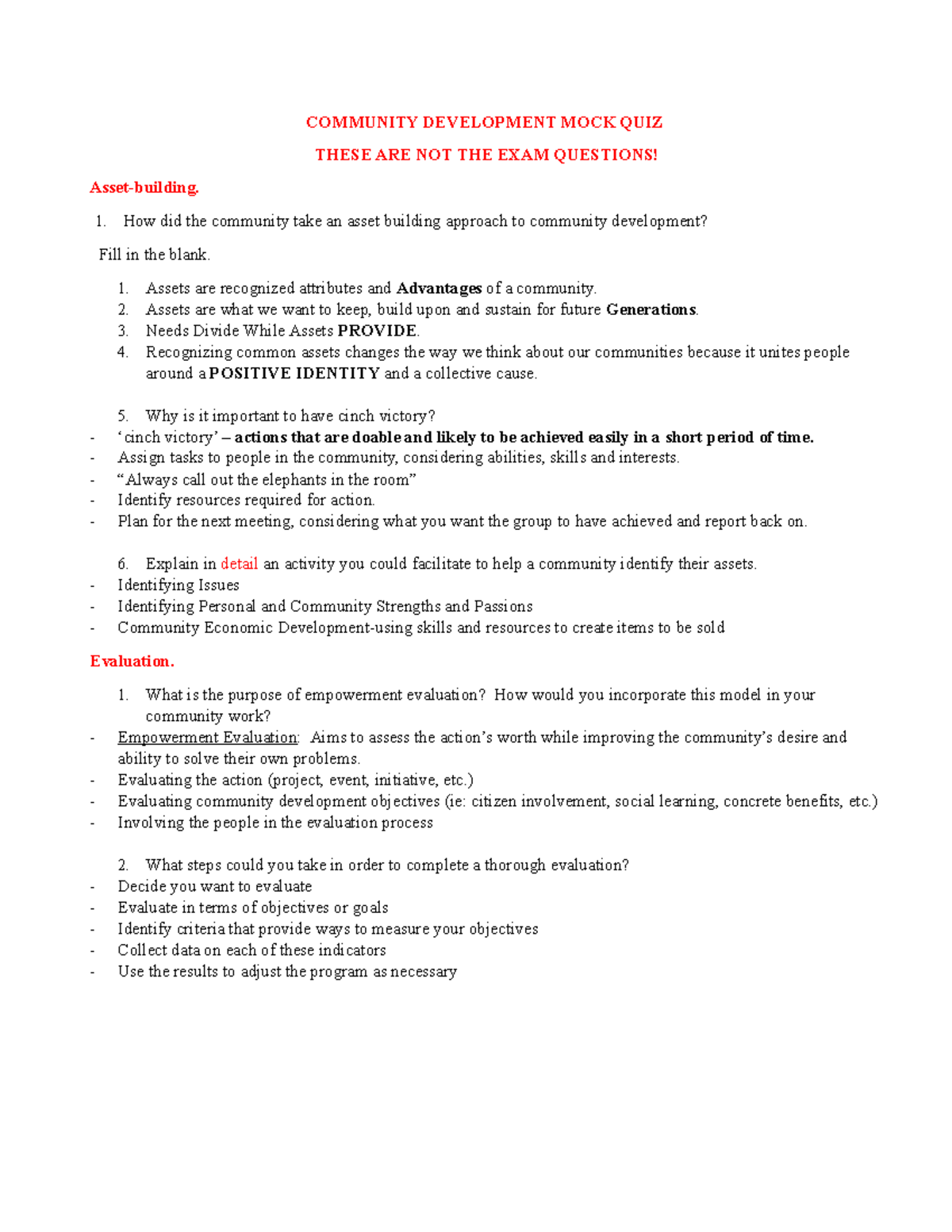 COMMUNITY DEVELOPMENT MOCK QUIZ 2019: Questions & Answers Guide - Studocu