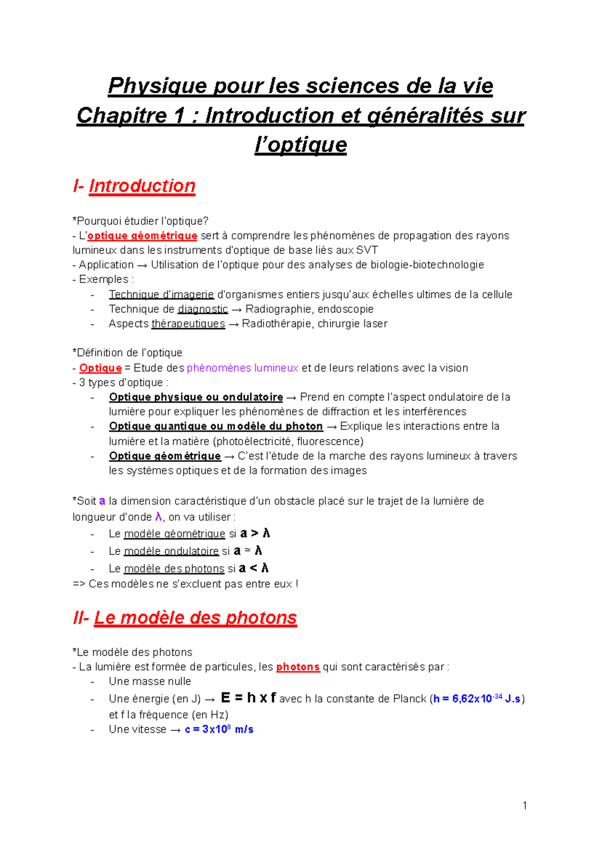 Chapitre 1 : Introduction à l'optique en Physique pour SVT - Studocu