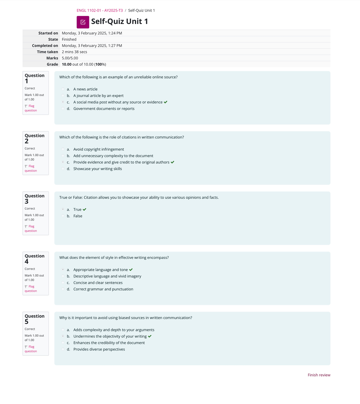 ENG 1102 - Unit 1 Self Quiz Review and Key Concepts - Studocu
