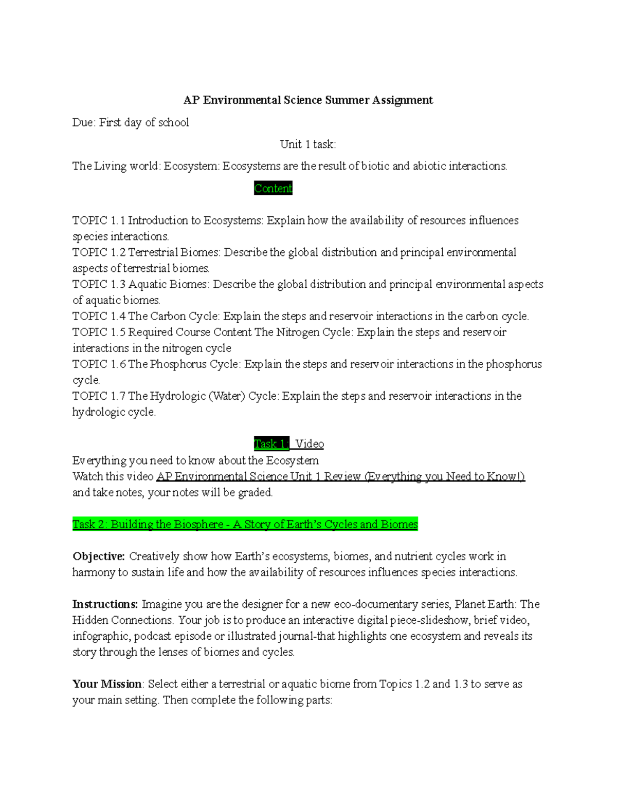 AP Environmental Science (APES) Summer Assignment: Ecosystems & Cycles ...