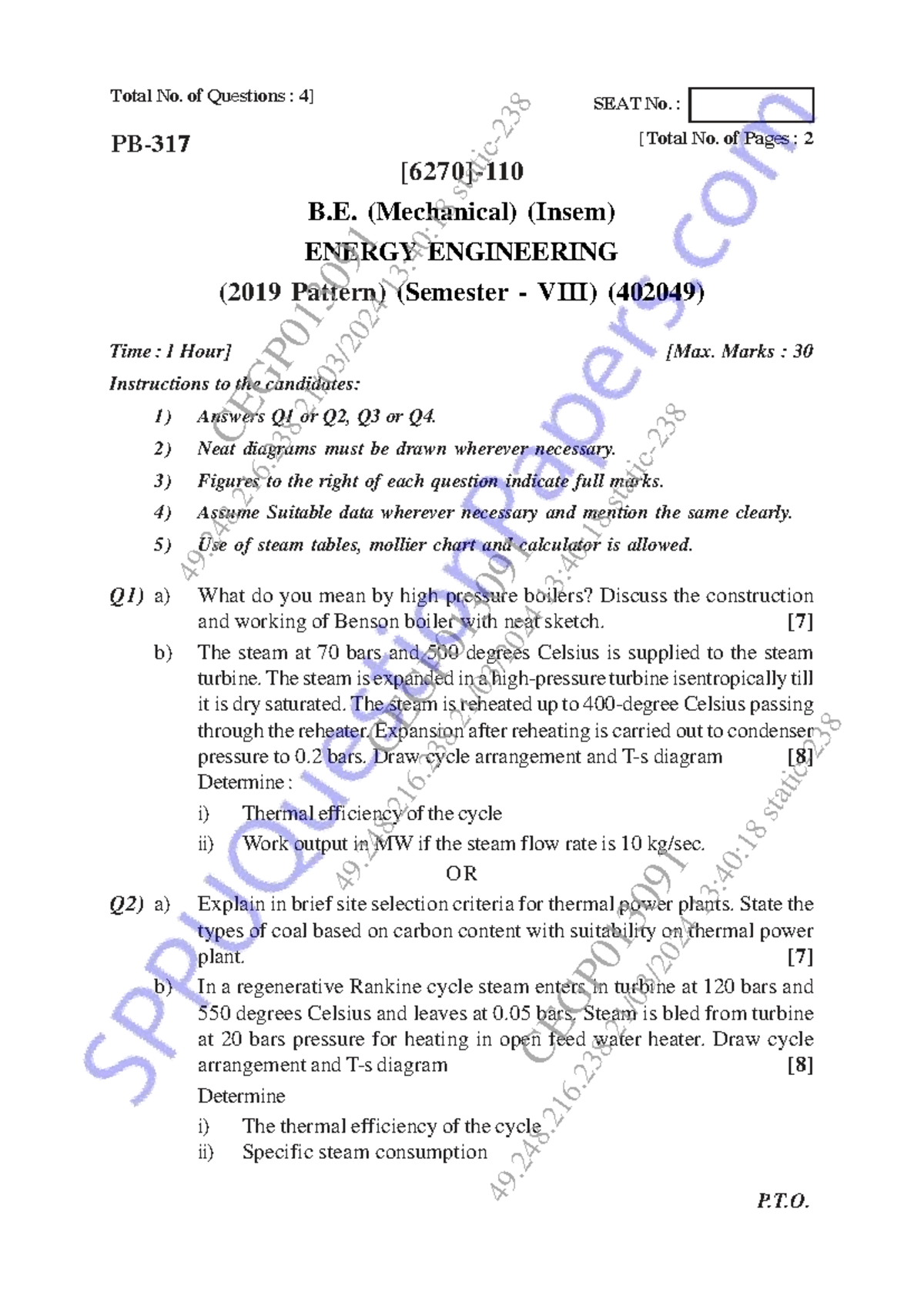 B.E. (Mechanical) Sem 8 (402049) Energy Engineering Insem Exam 2024 ...