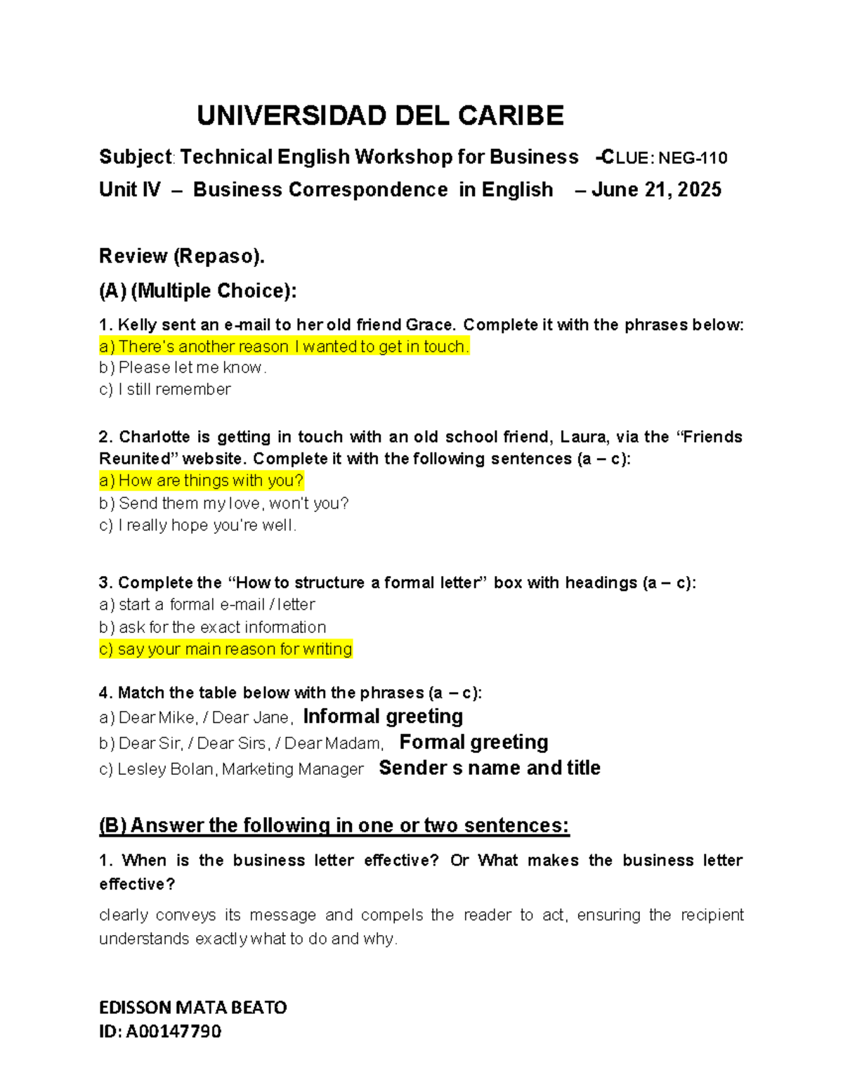 Repaso - UNIT IV - Business Correspondence in English - Virtual Class ...