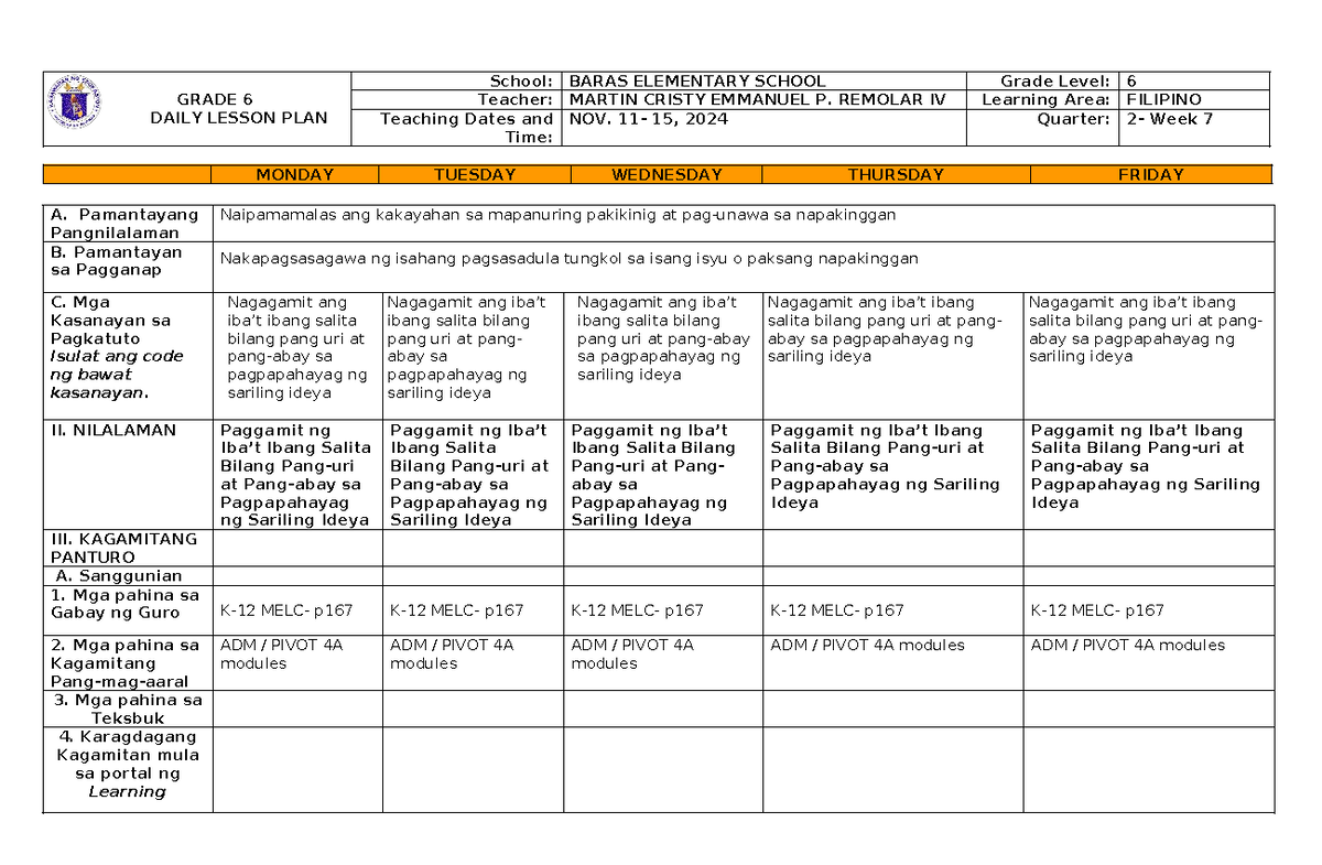 Filipino DLL G6 Q2 W7-1: Daily Lesson Plan for Grade 6 - Studocu