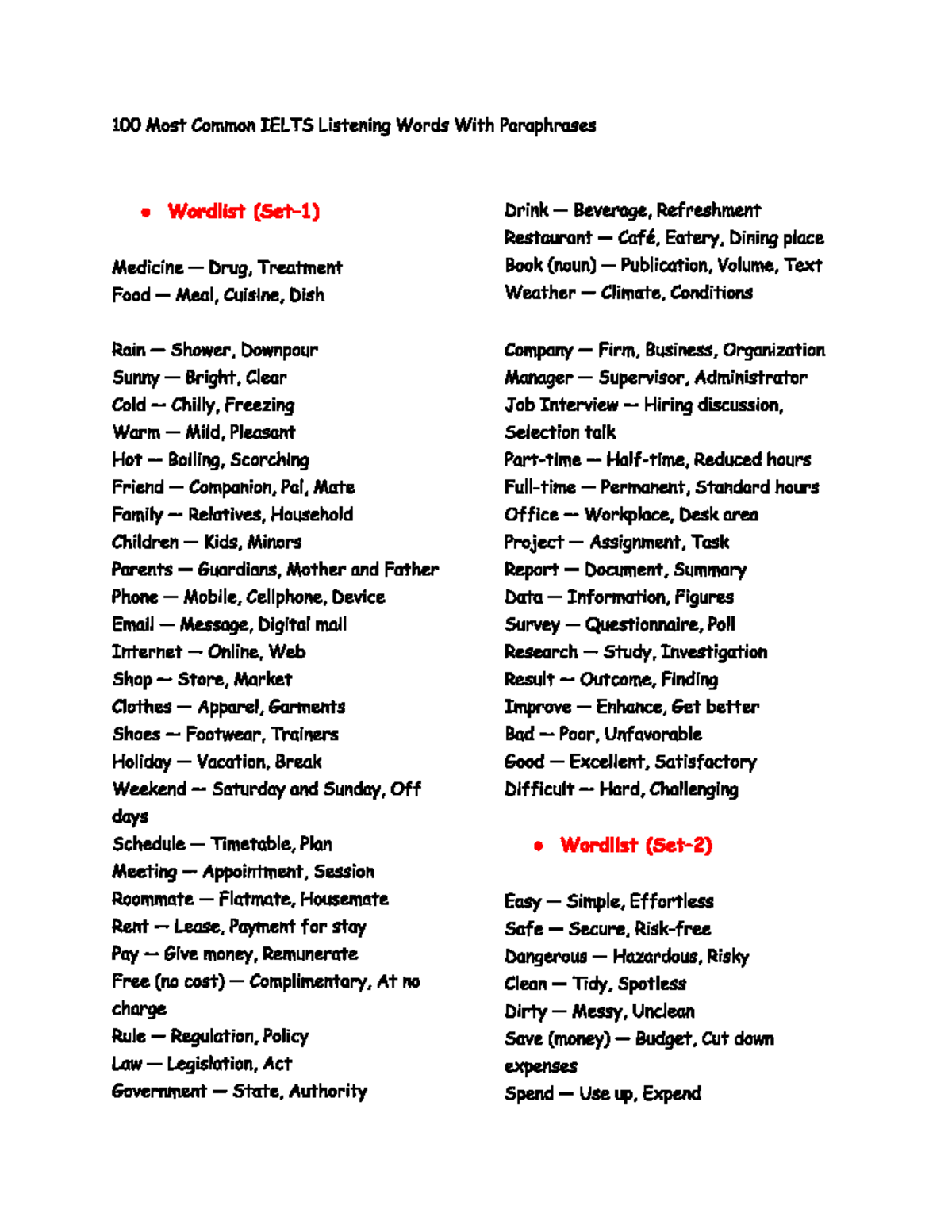 Common Words In Ielts Listening