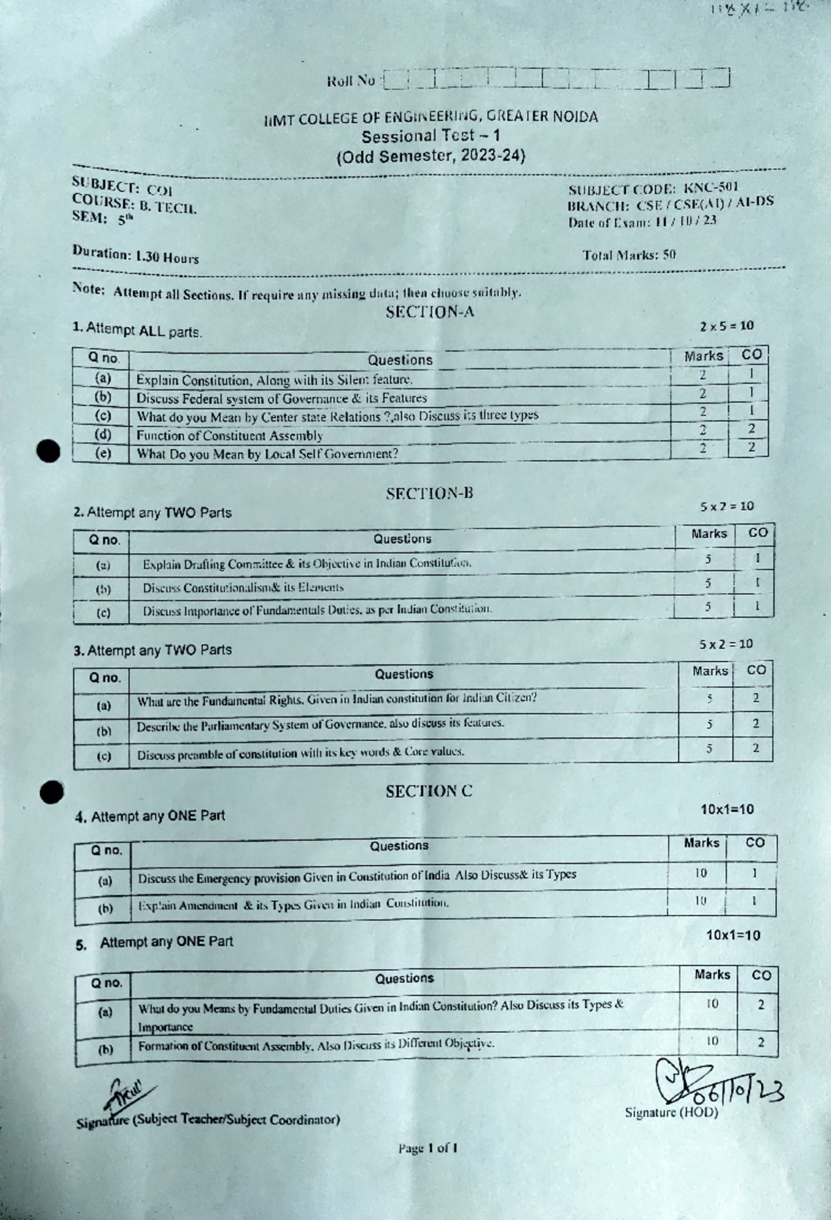 KNC - COI Sessional Test Question Paper (Odd Sem 2023-24) - Studocu