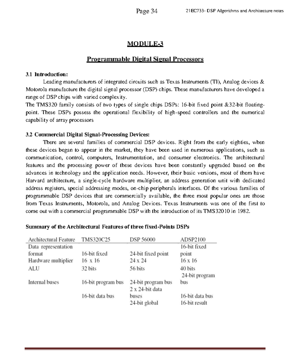 21EC733 - Module 3: DSP Algorithms & Architecture Notes - Studocu