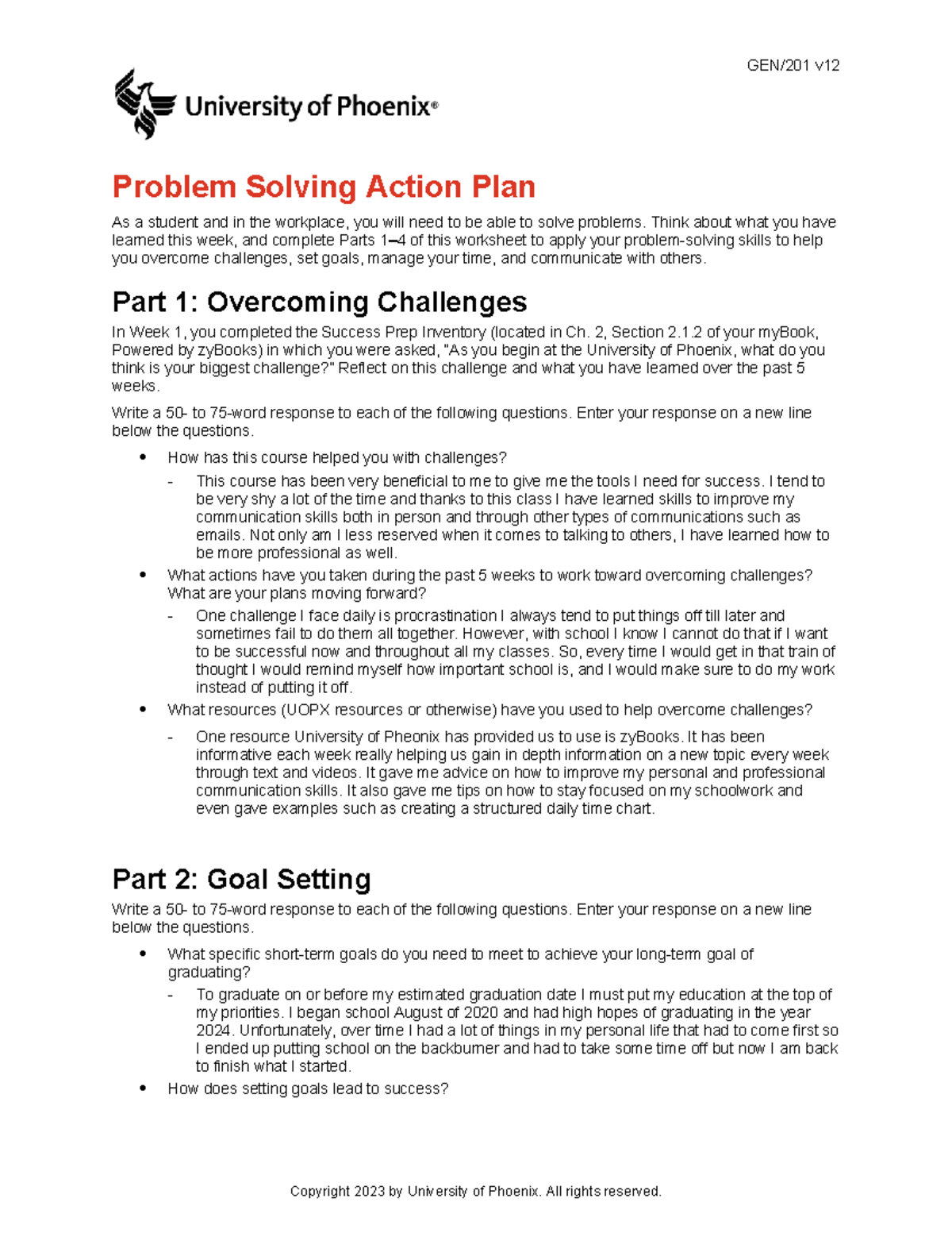 GEN/201 v Problem Solving Action Plan: Strategies for Success in Week 5 ...