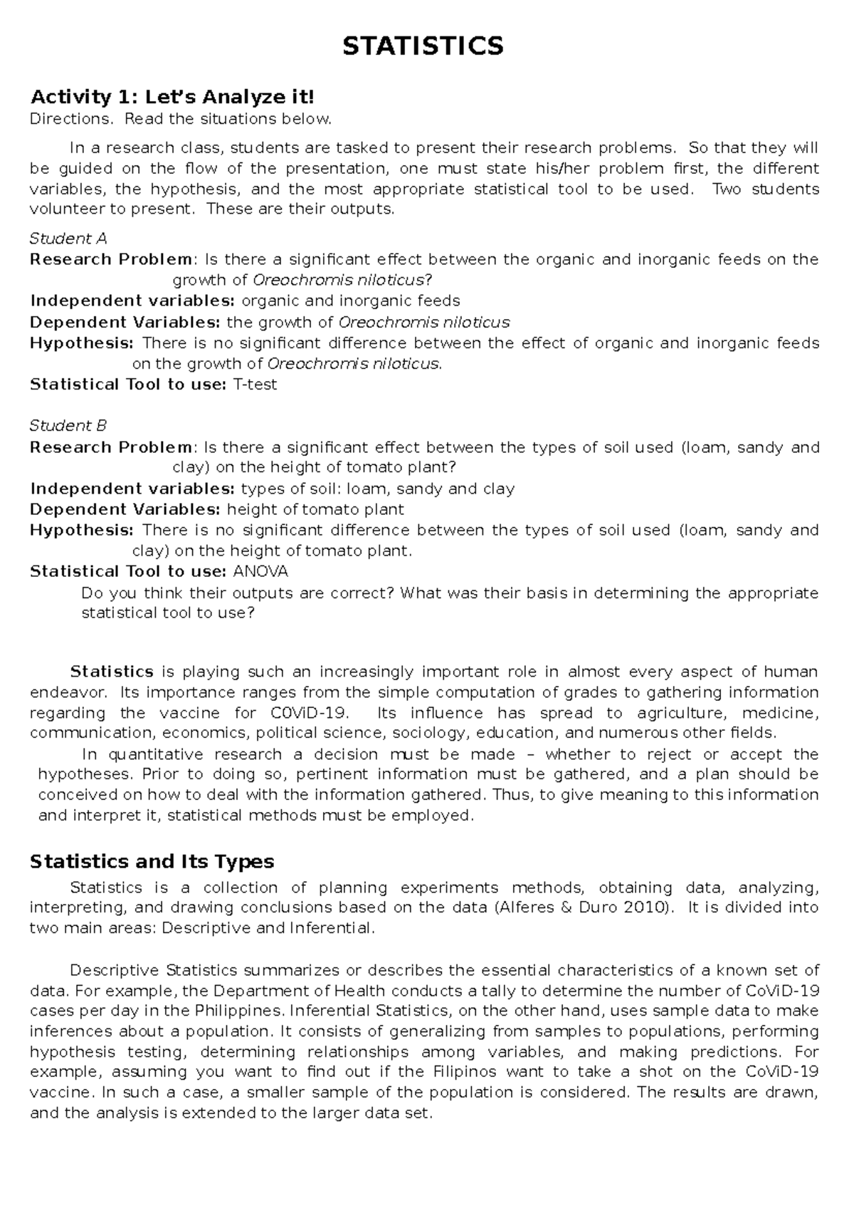 STATISTICS Activity 1: Analyzing Research Problems and Tools - Studocu