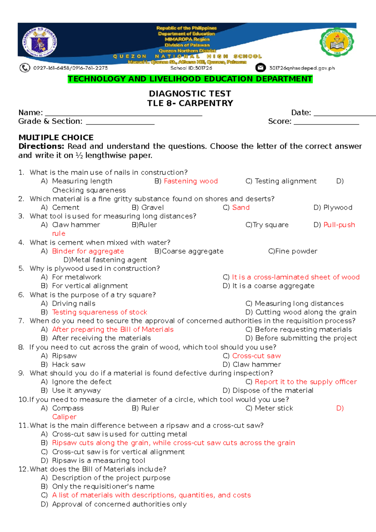 Answer Key for Diagnostic Test in TLE 8 - Carpentry - Studocu
