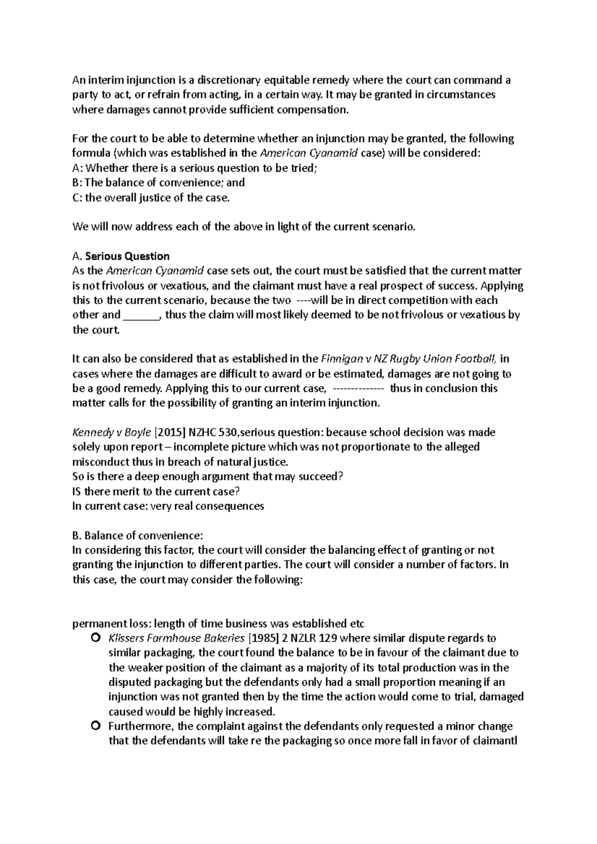 Injunctions Draft Response Analysis and Considerations - Studocu
