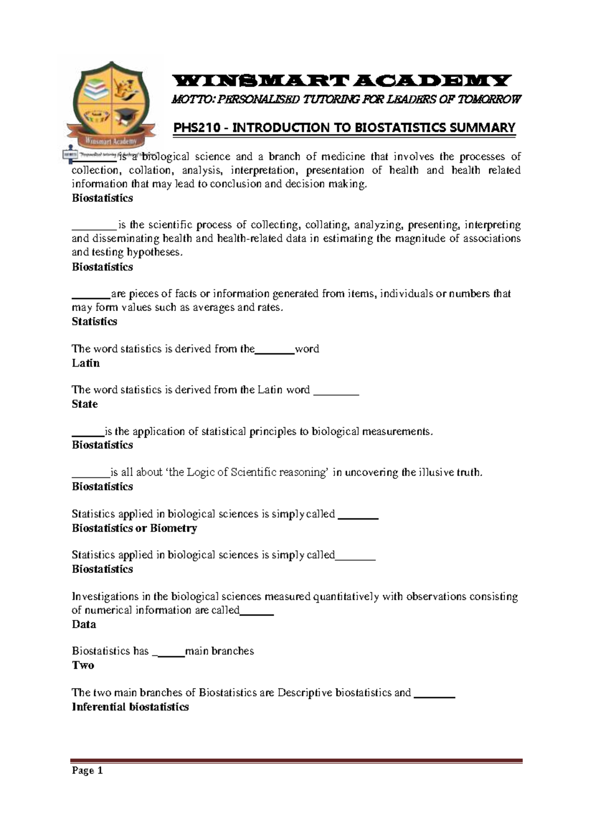 PHS210 Biostatistics Summary: Key Concepts and Applications - Studocu