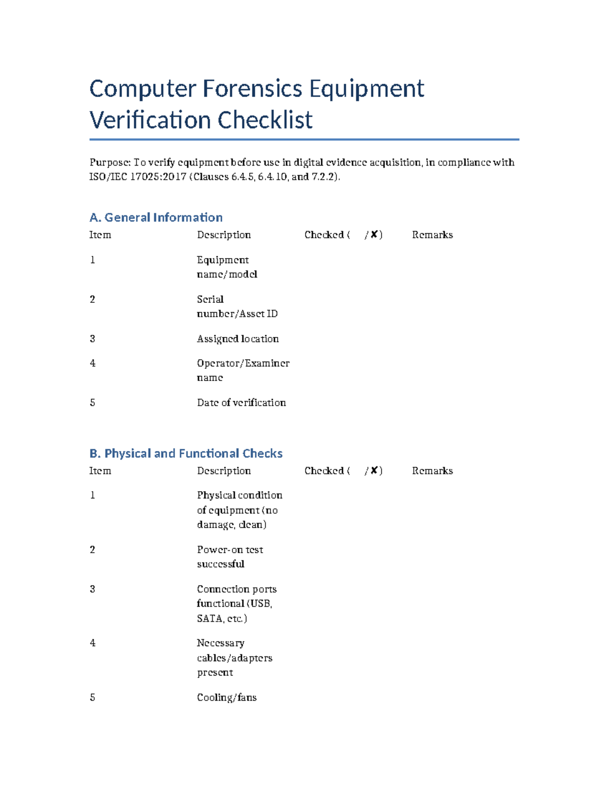 Computer Forensics Equipment Verification Checklist (17025:2017 ...