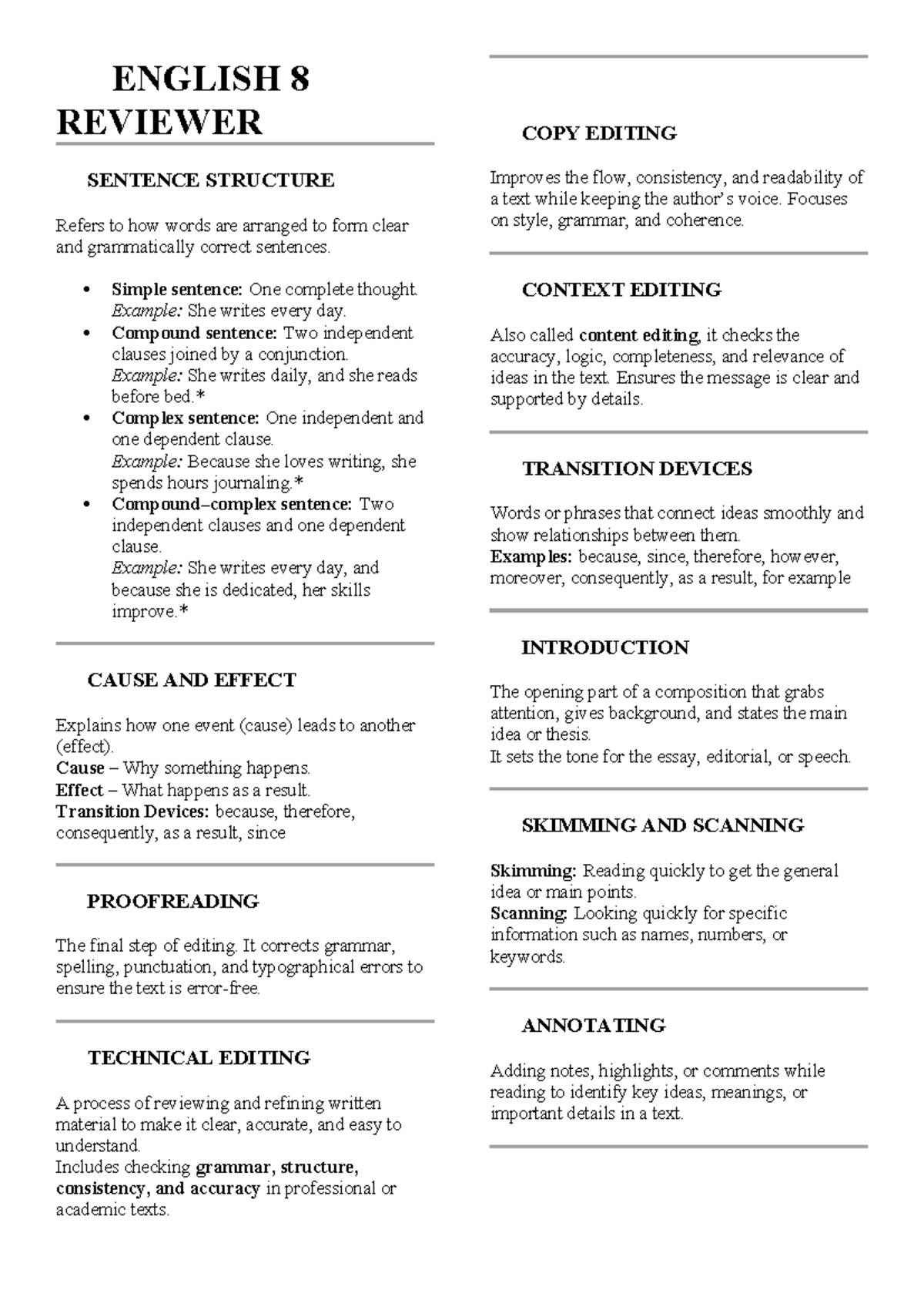 ENGLISH 8 REVIEWER: MASTERING SENTENCE STRUCTURE & EDITING - Studocu