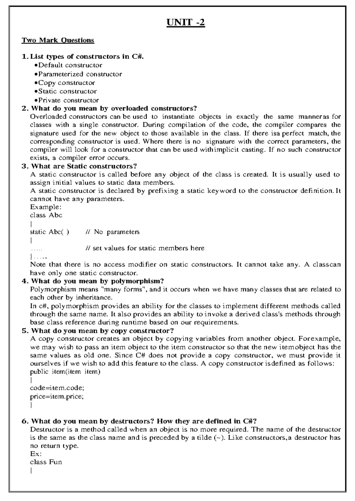 UNIT 2 C# & Dot Net - Unit 2 c# and dot net notes - UNIT - Two Mark ...