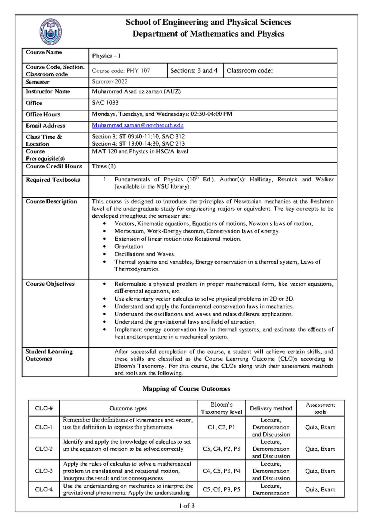 PHY107 Course Outline - Physics I for Summer 2022 (Sections 3 & 4 ...