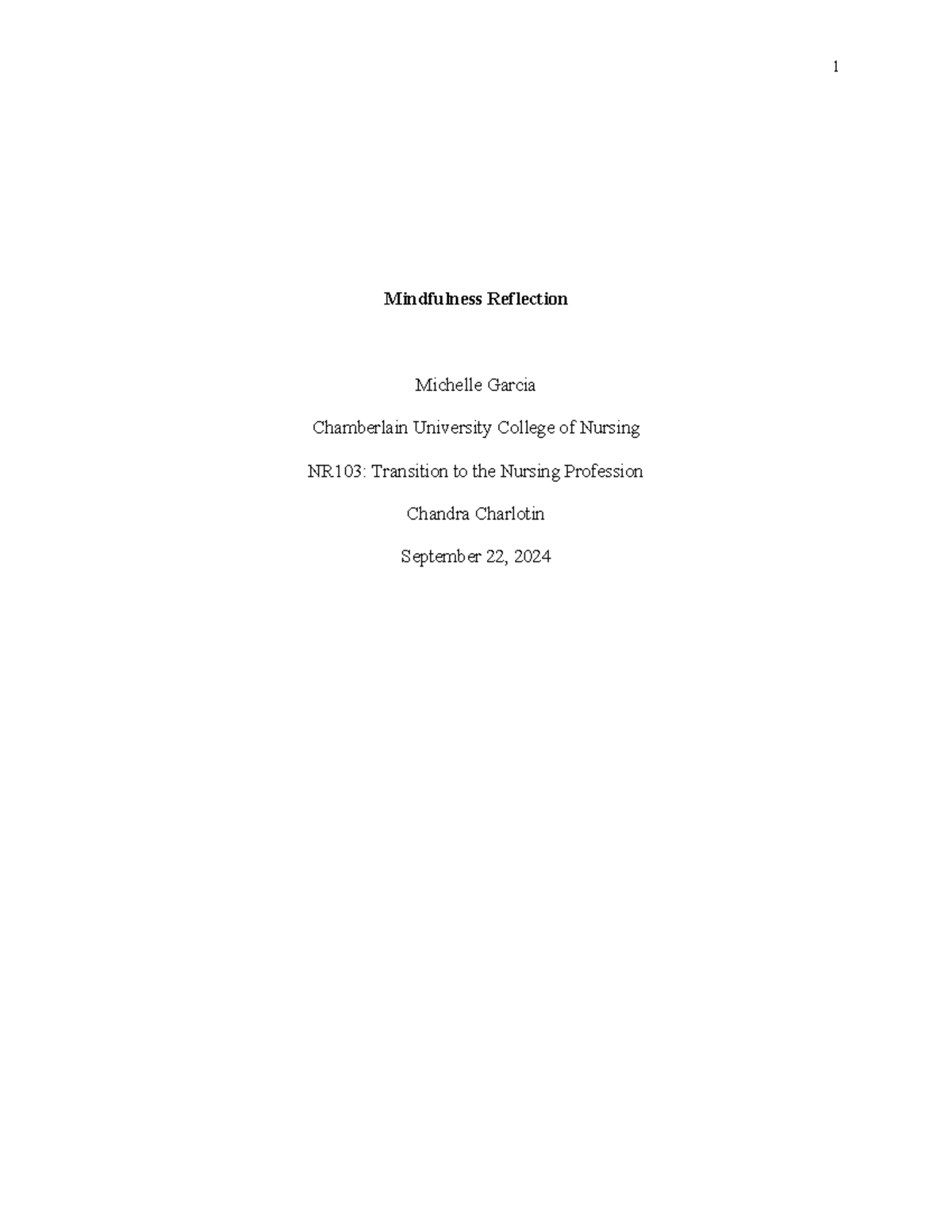 Mindfulness Reflection week 1 - NR-103 - 1 Mindfulness Reflection ...