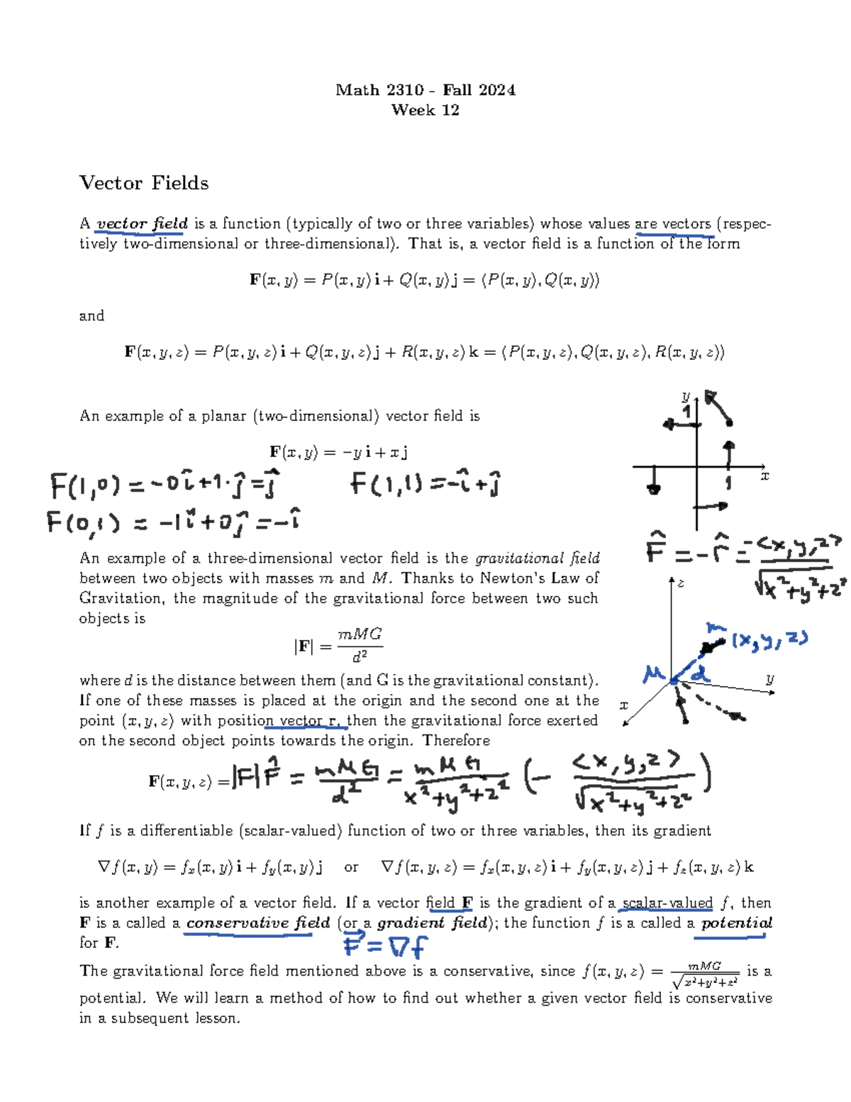 Vector Field Applications - Math 2310 - Fall 2024 Week 12 Vector Fields ...