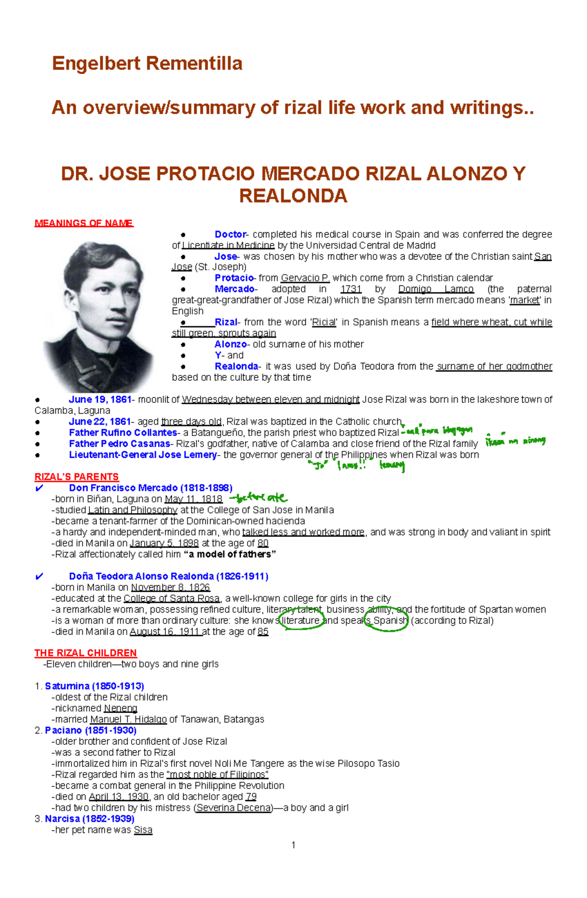Rizal's Life, Works, and Writings Summary (DR. JOSE RIZAL) - Studocu