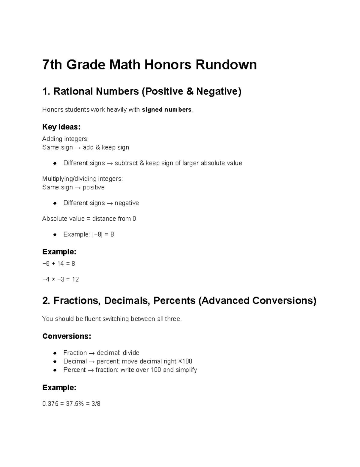 7th Grade Math Honors Rundown: Key Concepts & Topics Overview - Studocu