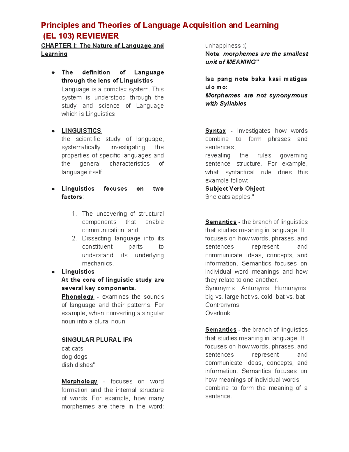 Principles and Theories of Language Acquisition and Learning (EL 103 ...