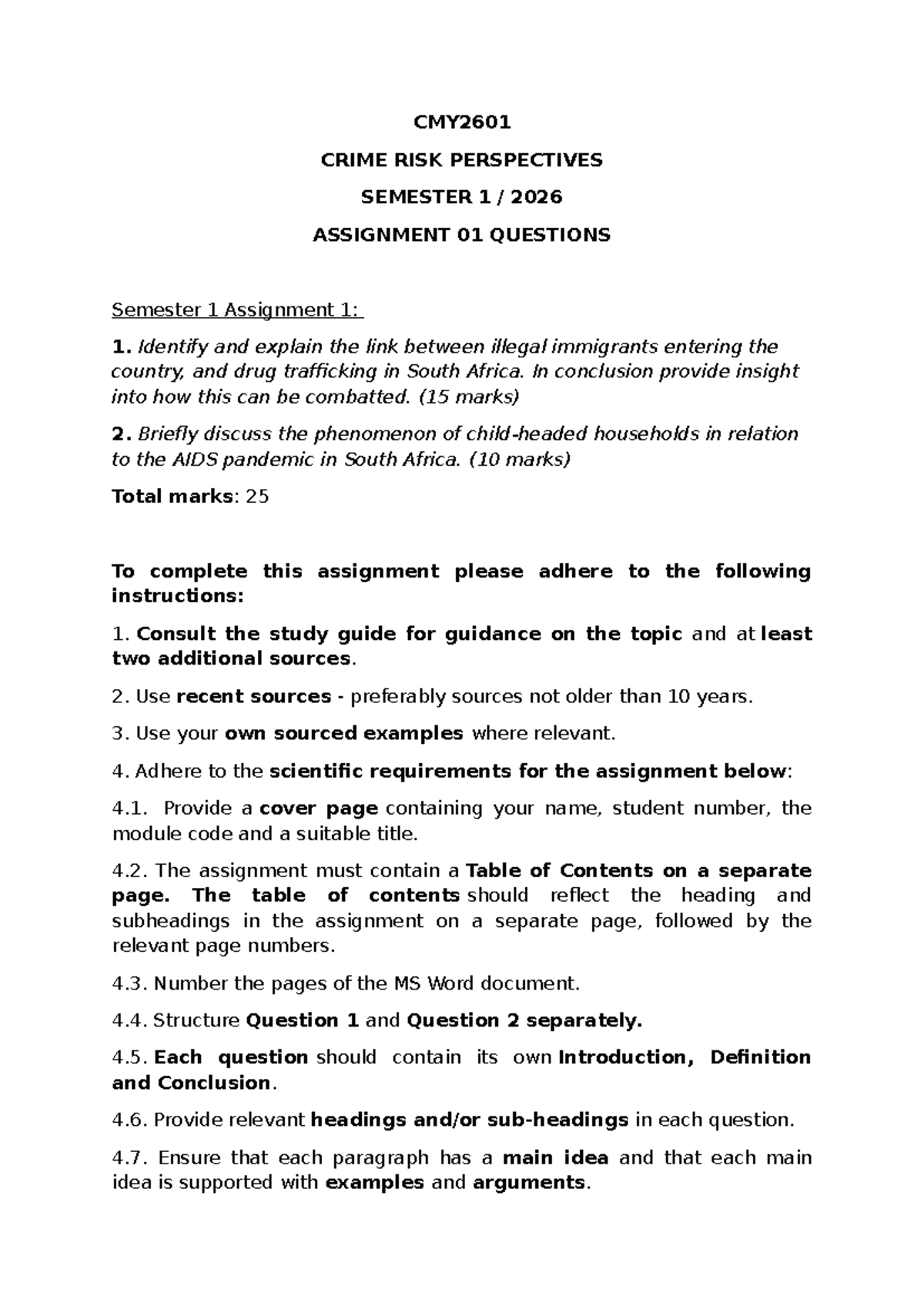 CMY2601 Crime Risk Perspectives S1 2026 Assignment 01 Questions - Studocu