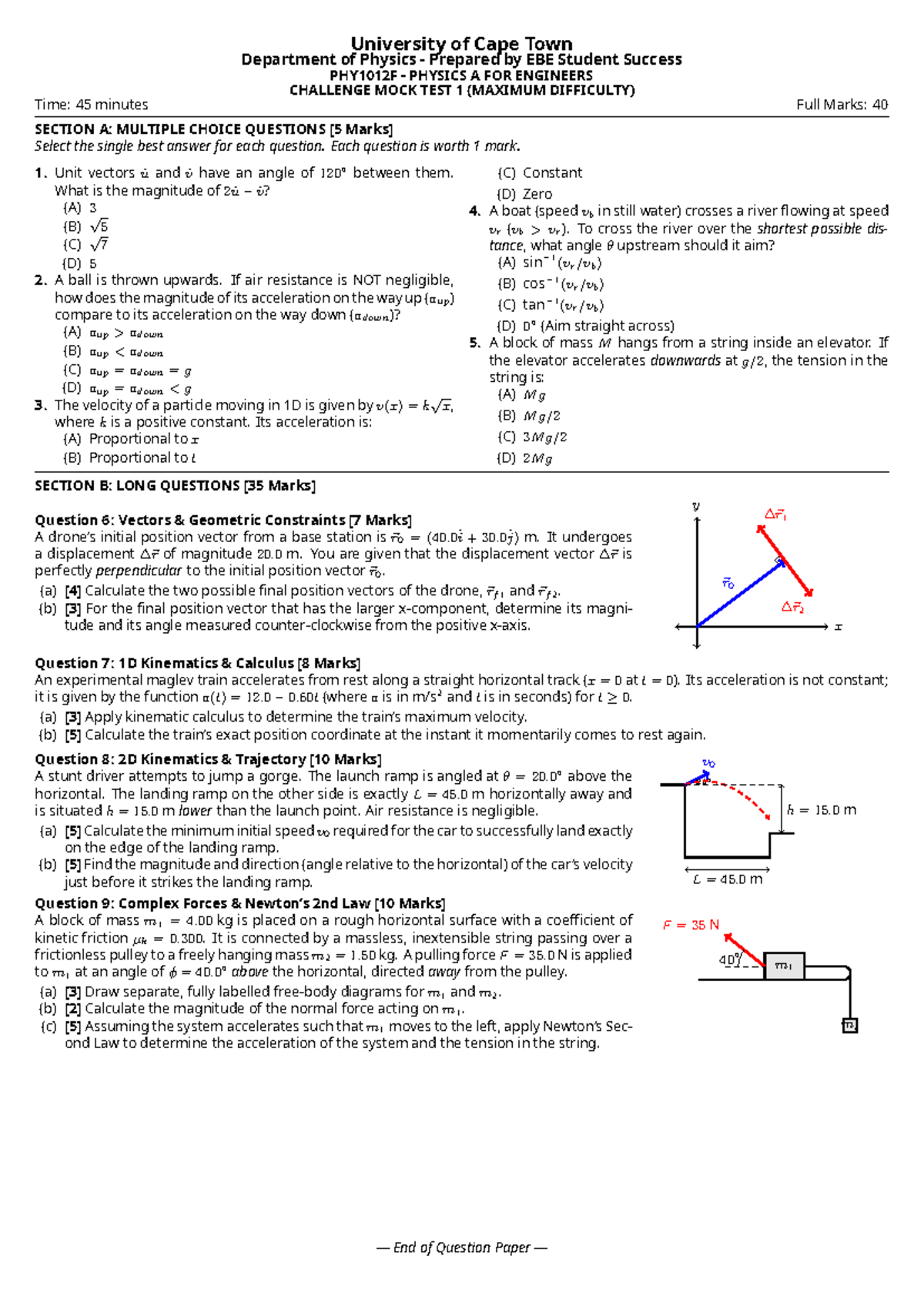 PHY1012F Physics A for Engineers Challenge Mock Test 1 (Max Difficulty ...