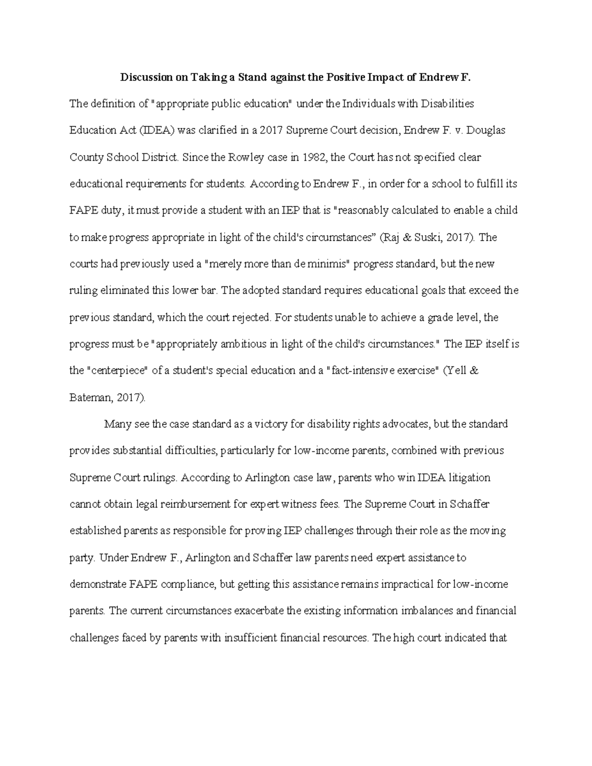 IDEA Implications: Analyzing Endrew F. Case Impact on FAPE - Studocu